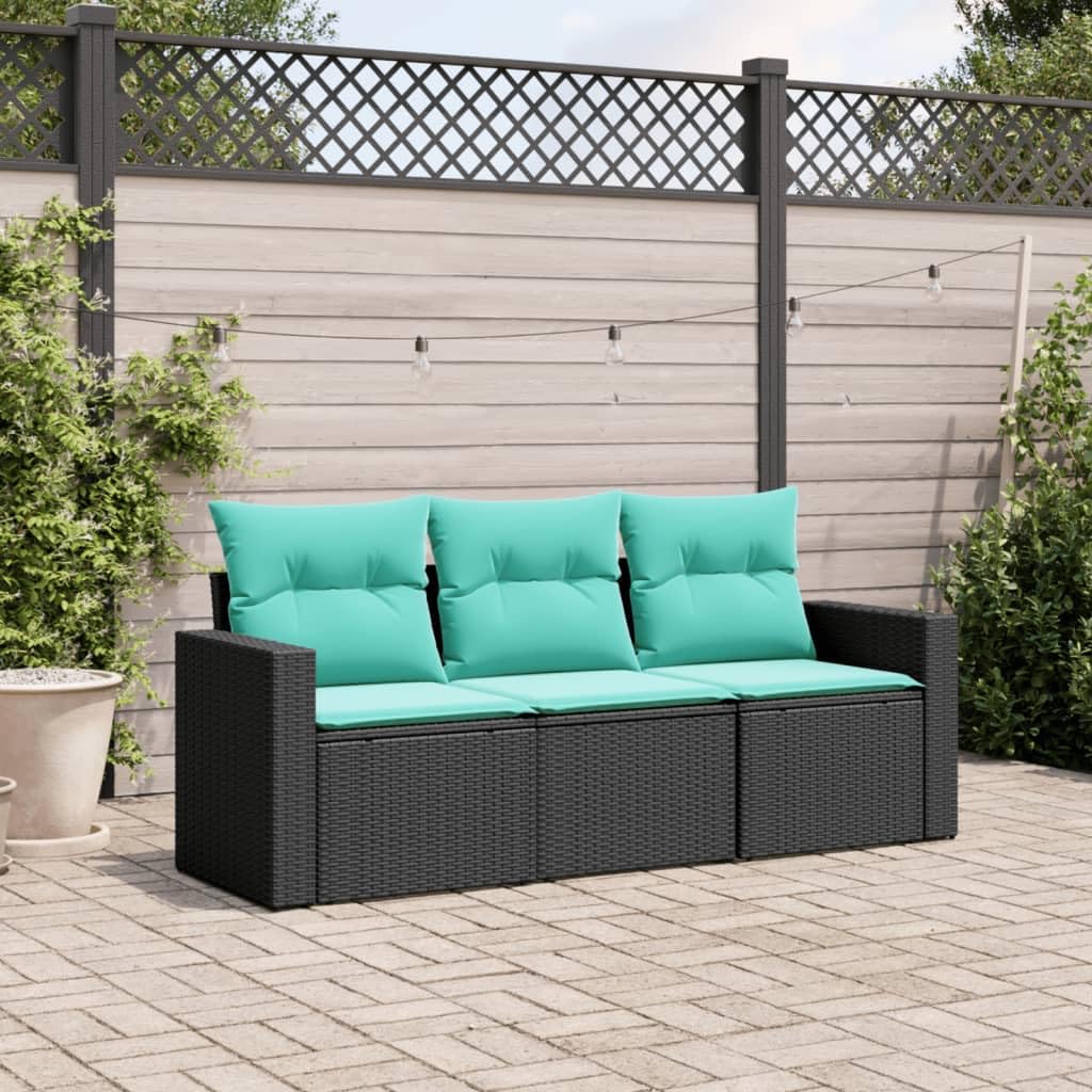 vidaXL Patio Sofa Set with Cushions - 3 Piece Outdoor Furniture, Black PE Rattan with Blue Cushions, Modular Design, Storage Function - Terrace, Deck, Patio