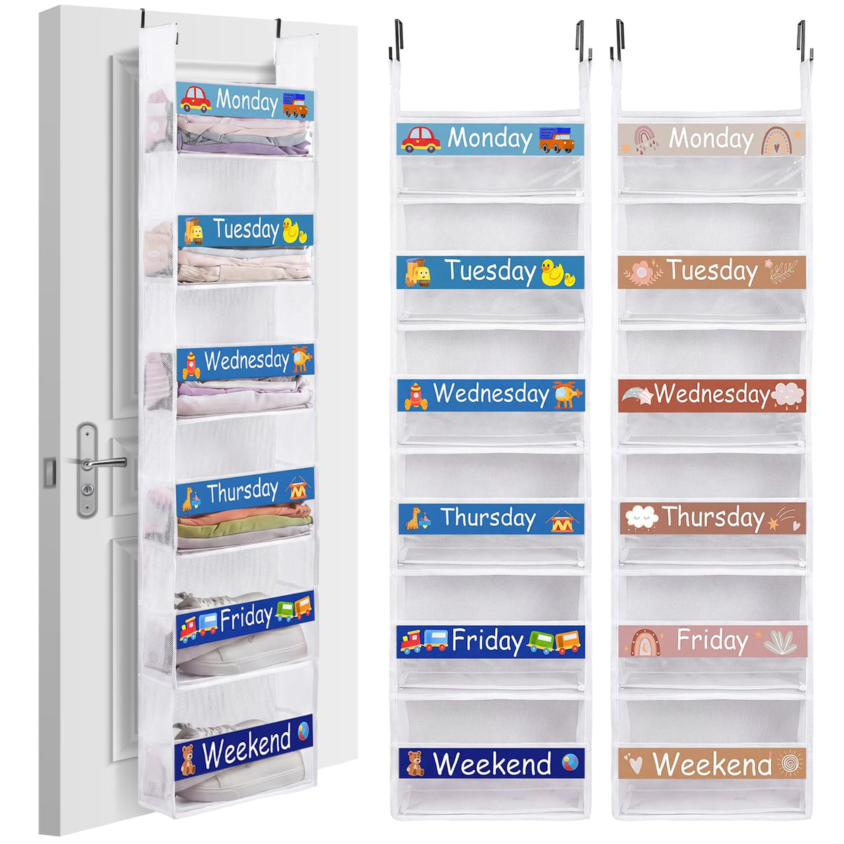 Yoojahow 2 Pack Kid Weekly Over the Door Organizer, White, Toy and Boho