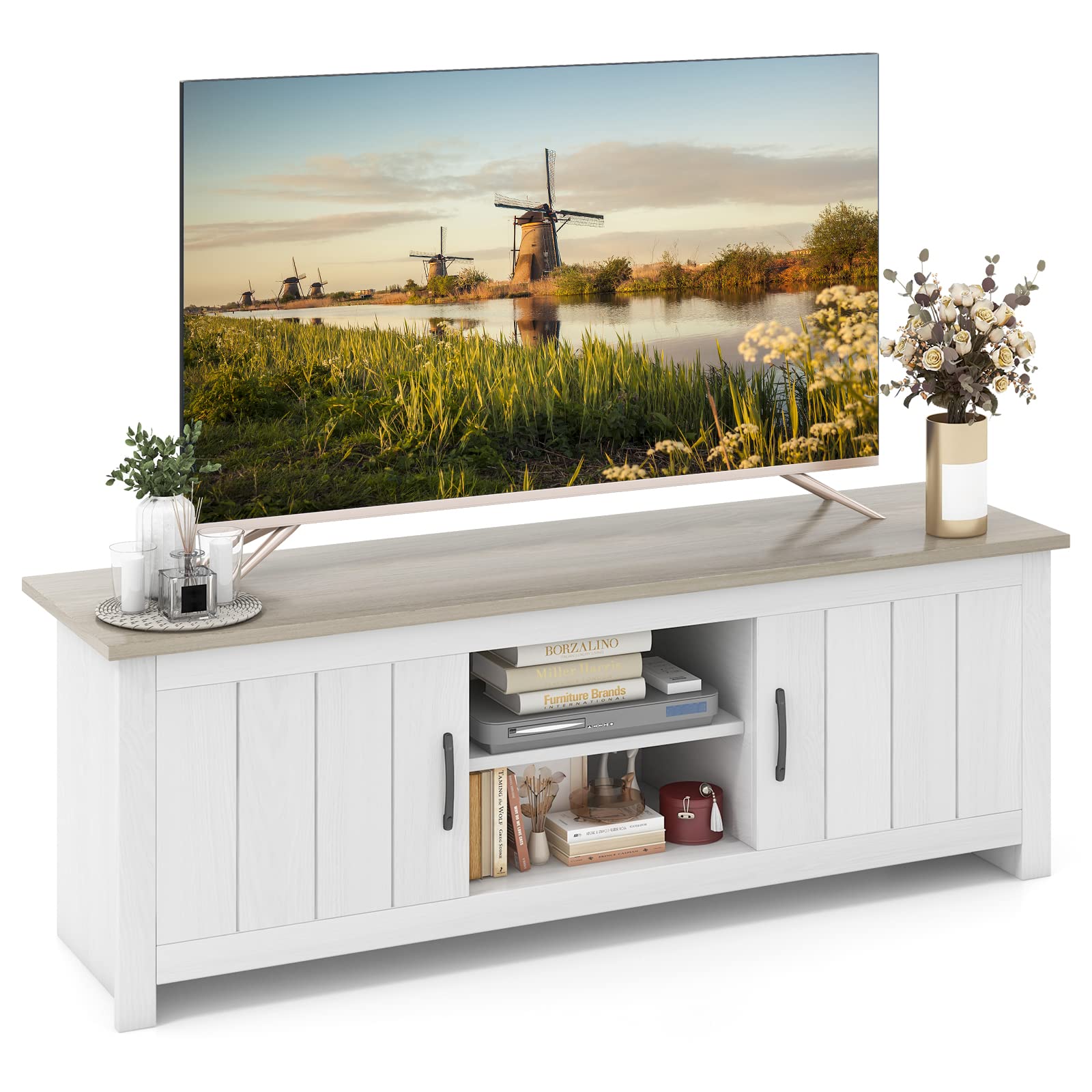 Tangkula 2 Doors TV Stand for TVs up to 65   , 57    Media Console Table w/ 2 Cabinets & Open Shelves, 2 Cable Management Holes.