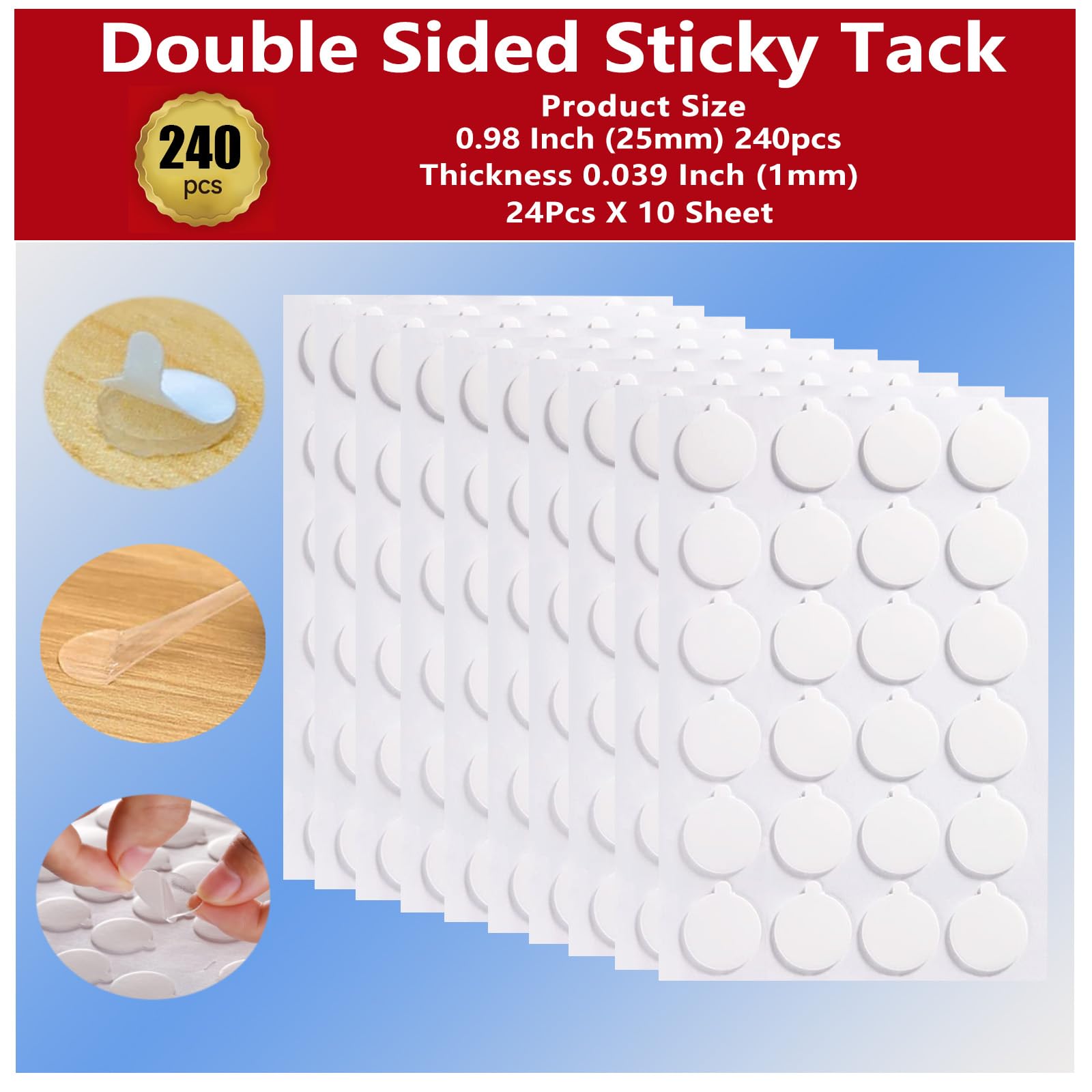 Rn Ru  Nice Double Sided Clear Sticky (240Pcs 0.98In) Adhesive Dots Removable Glue Point Dots, Round Sticky Tack Adhesive Poster