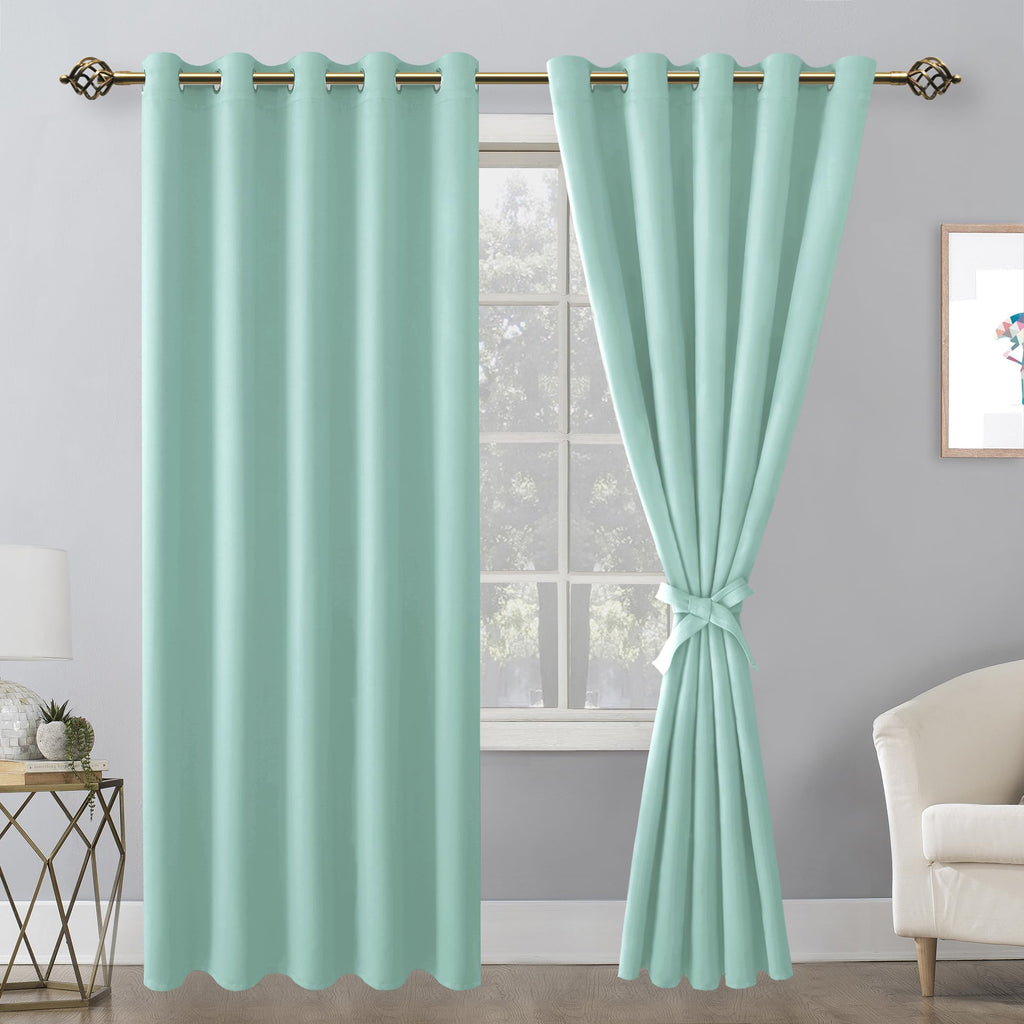 Hiasan Blackout Curtains For Bedroom, 60 X 84 Inches Long - Thermal Insulated & Energy Saving Window Curtains For Living Room, 2 Drape Panels Sewn With Tiebacks, Aqua