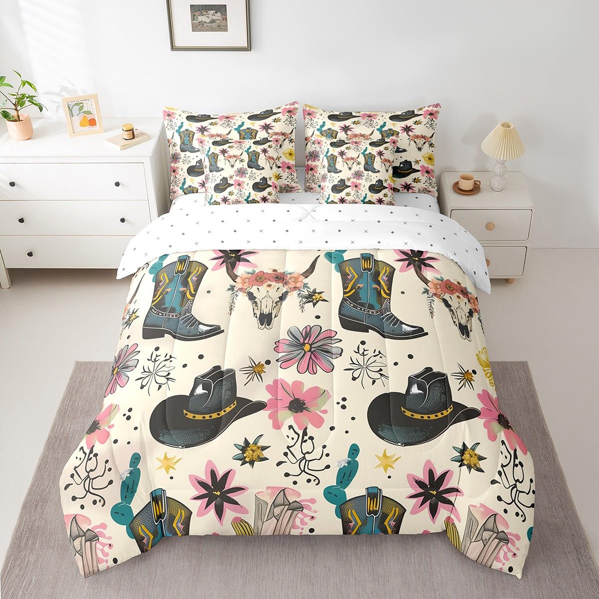Manfei 7 Pieces Western Cowboy Comforter Set Full Size, Cowboy Boots Hat Bedding Set For Kids Boy Bedroom Decor, Bull Skull Flor