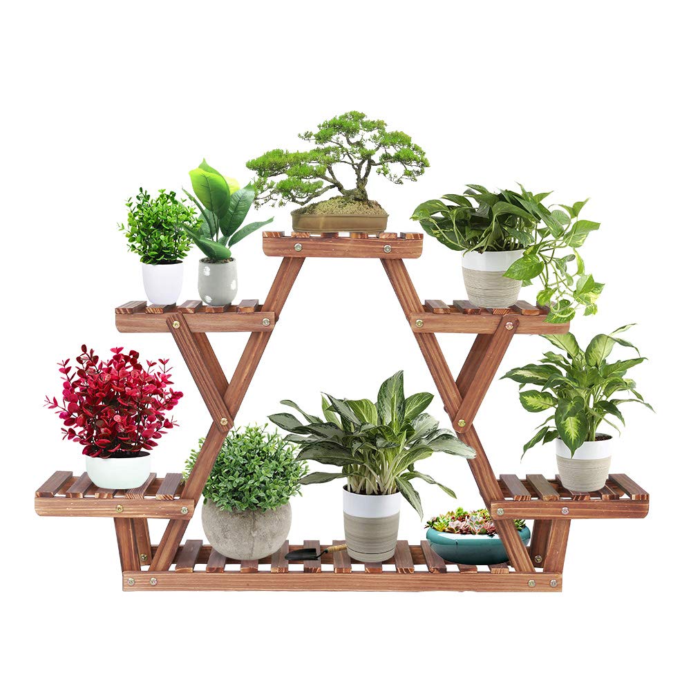 Ufine Wood Plant Stand Triangular Plant Shelf Multi Tier Flower Display Holder Storage Rack 6 Pots For Indoor Outdoor Living Roo