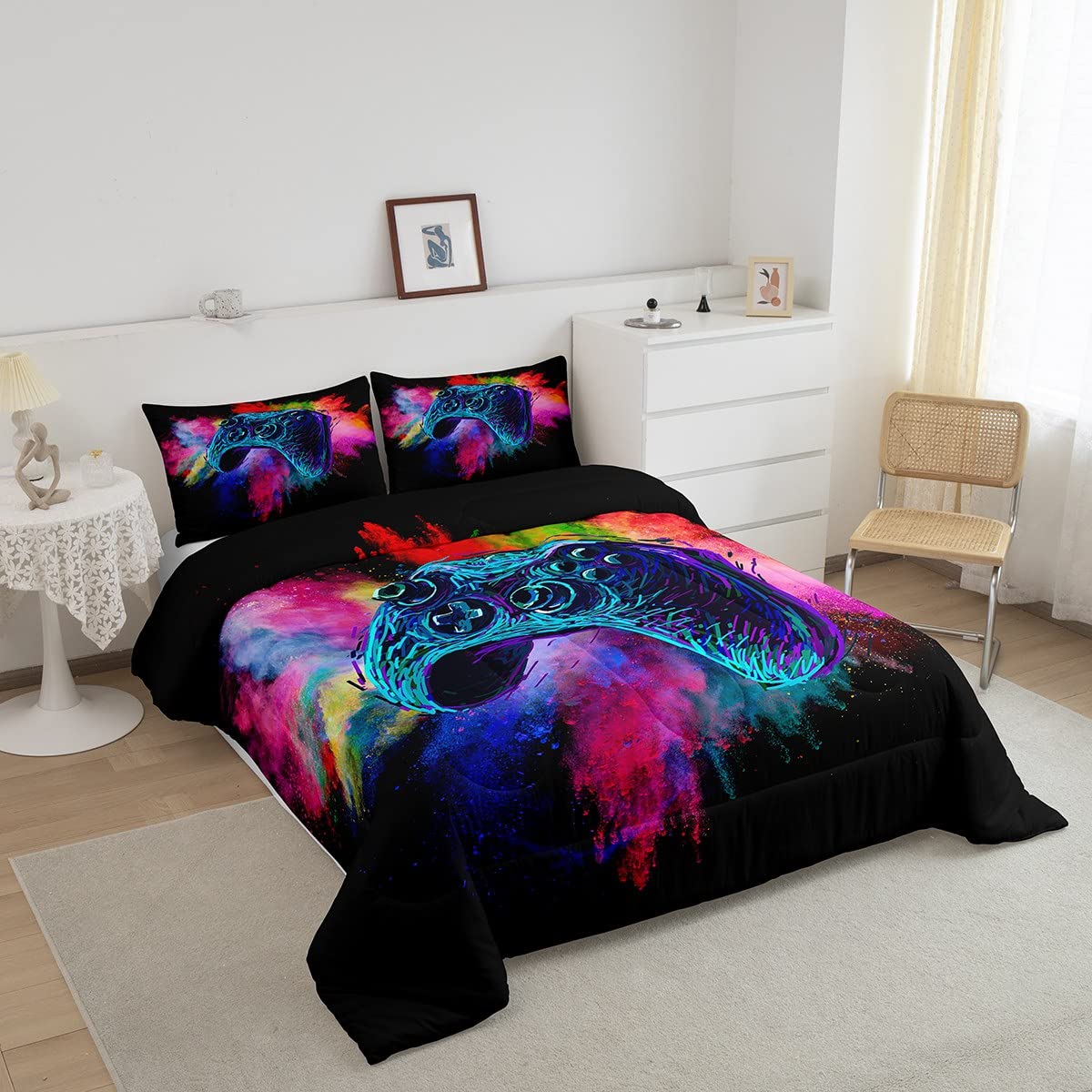 Kids Gamer Twin Size Comforter Set For Boys Teen Gaming Bedding Sets Video Game Room Deocr Girls Colorful Tie Dye Bed Set Navy B