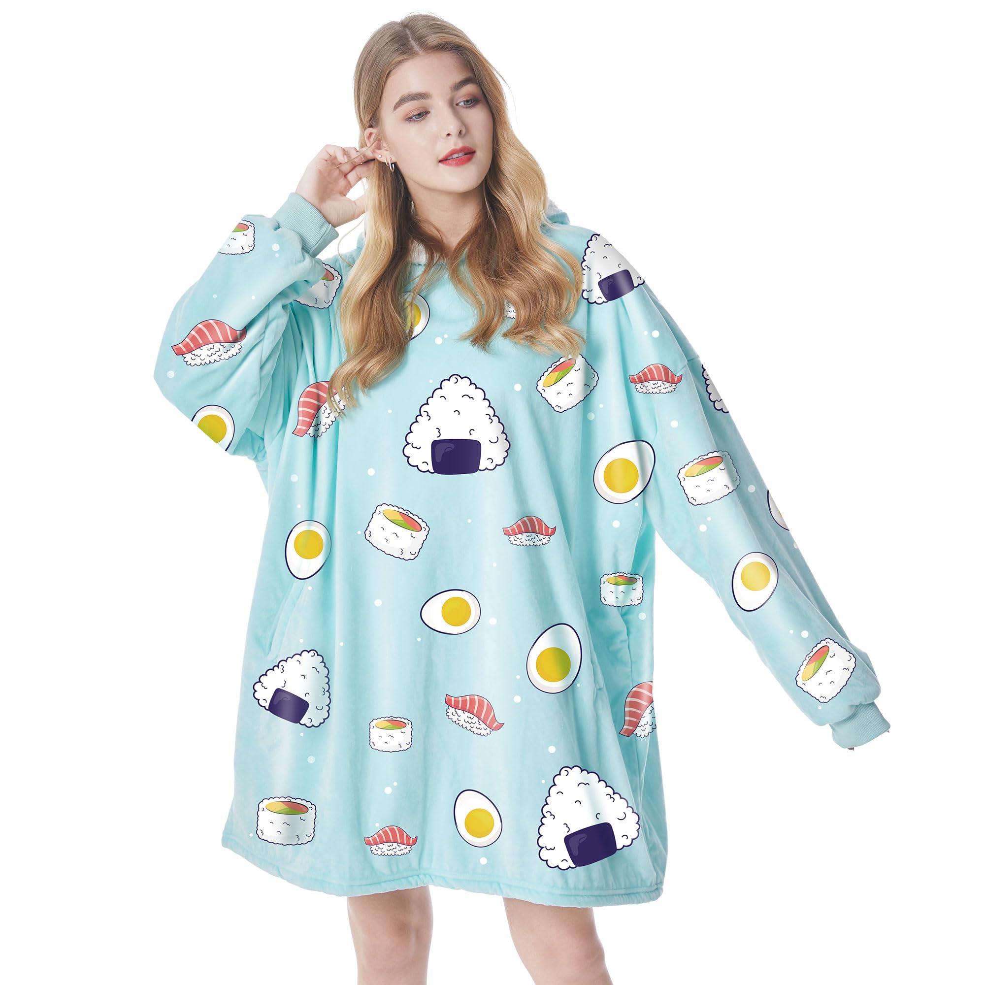 Felicigeely Oversized Wearable Blanket Hoodie, Blanket Sweatshirt For Adults Women Men Warm Cozy Cute Sushi Pattern Hooded Blank