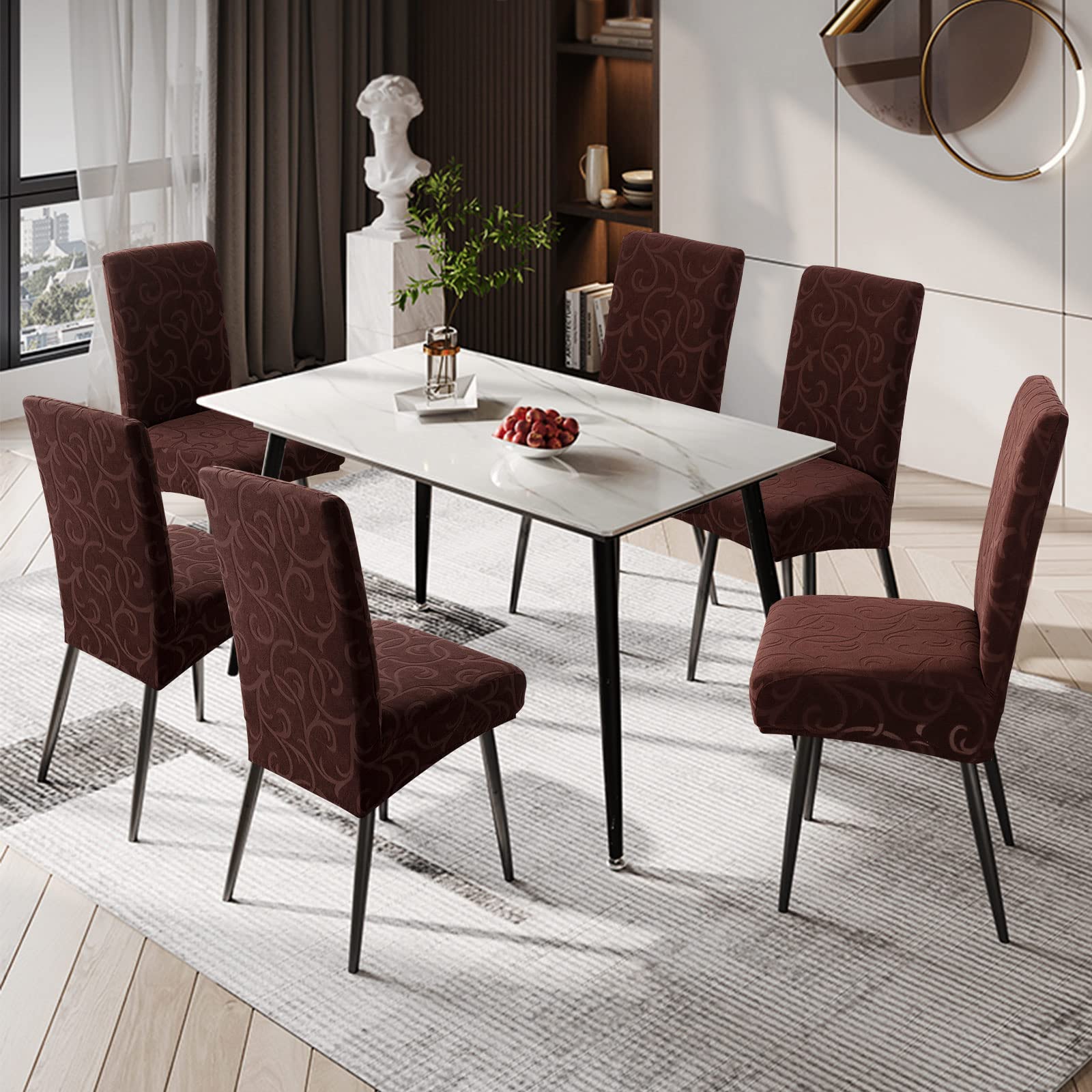 Genina Waterproof Dining Room Chair Covers Stretch Parsons Chair Slipcovers For Dining Room Kitchen Chair Protector Cover, Removable, Washable (2, Flower Pattern-Chocolate)