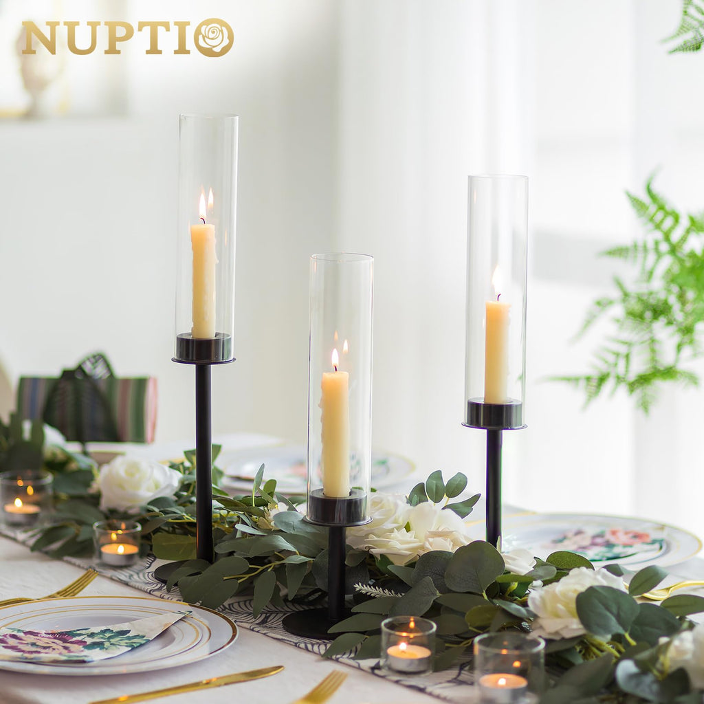 Nuptio Hurricane Glass Candle Holders: 6 Pcs Black Metal Candlestick Tapered Holder With Clear Chimney Covers Bottomless Tall Mo