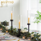 Nuptio Hurricane Glass Candle Holders: 6 Pcs Black Metal Candlestick Tapered Holder With Clear Chimney Covers Bottomless Tall Mo