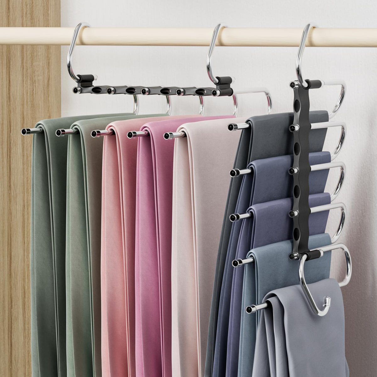DAMITA Pants Hangers Space Saving  No Need Installation 2 Pack 5 in 1 Layers  Black Stainless Steel Metal Jeans Hangers  Clos