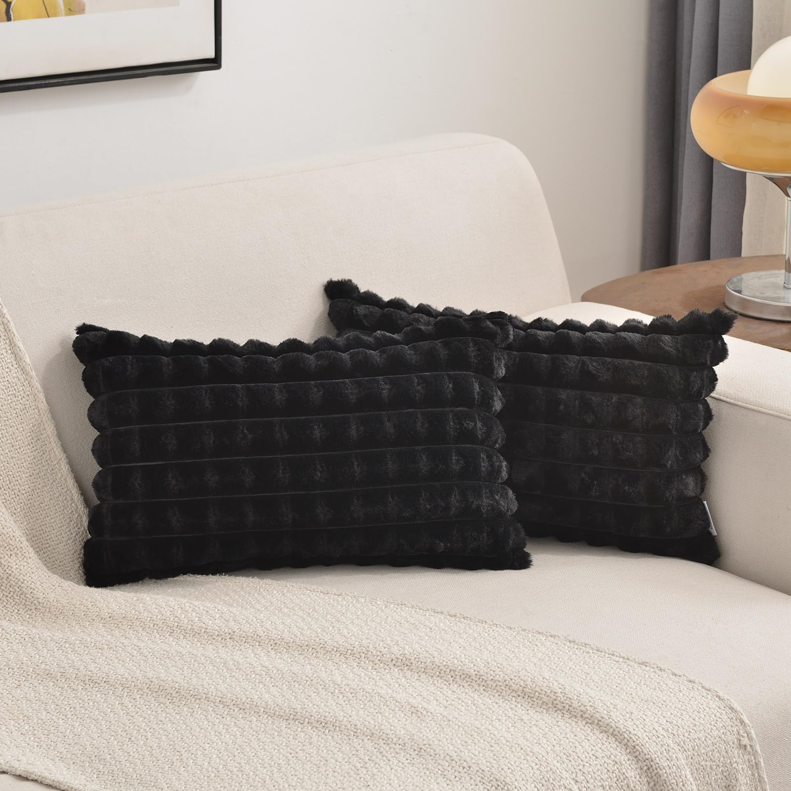 Futei Black Decorative Throw Pillow Covers 12X20 Inch Set Of 2, Rectangle Lumbar Pillowcase,Fluffy Faux Rabbit Fur Plaid & Soft