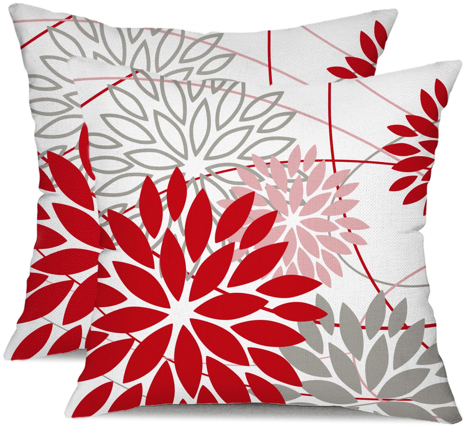 Red And Pink Grey Floral Pillow Covers 18X18 Set Of 2 Outdoor Waterproof Decorative Throw Pillows Valentines Pillow Covers Polye