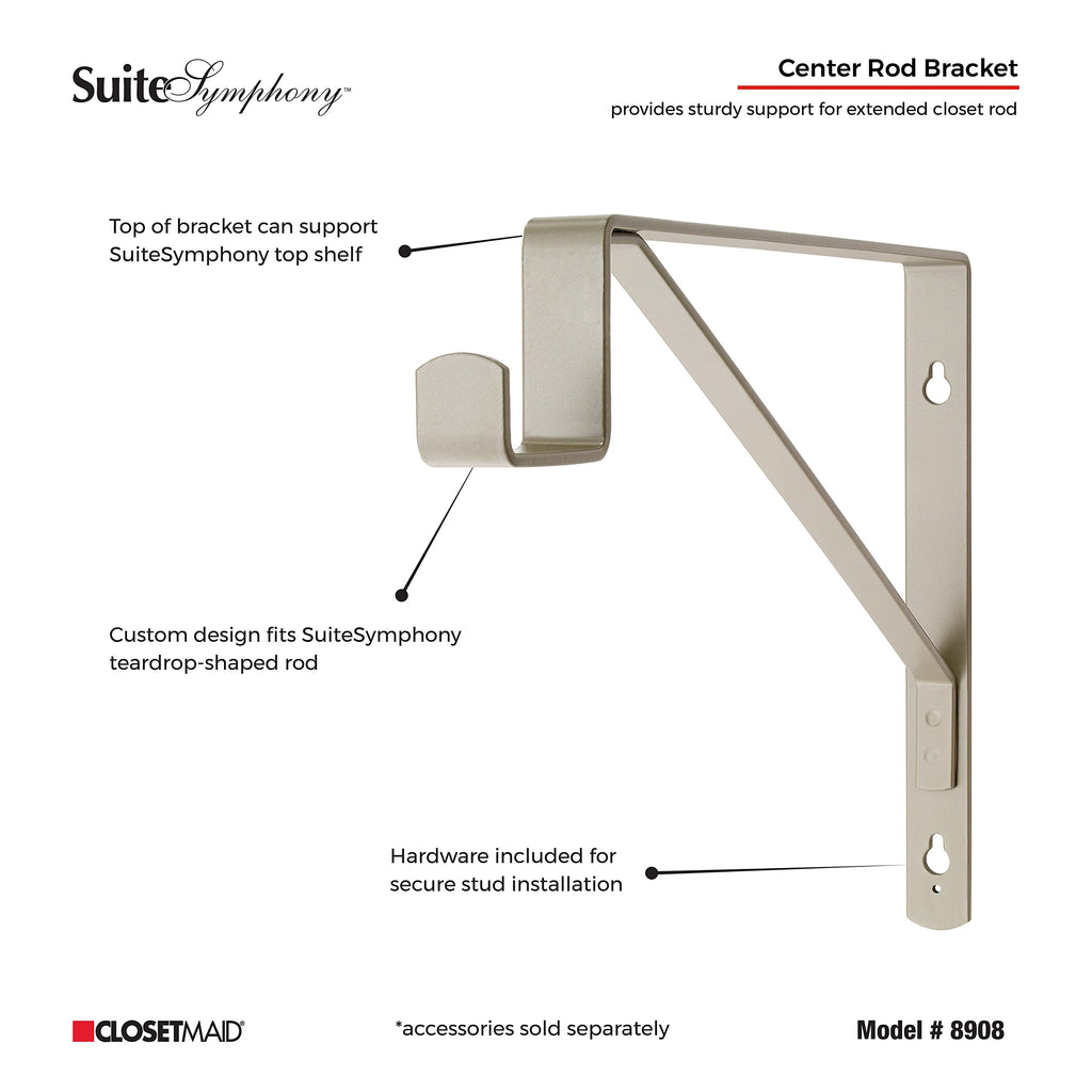 Closetmaid Suitesymphony Closet Bracket For Center Rod, And Shelf Support, Add On Accessory, Satin Nickel