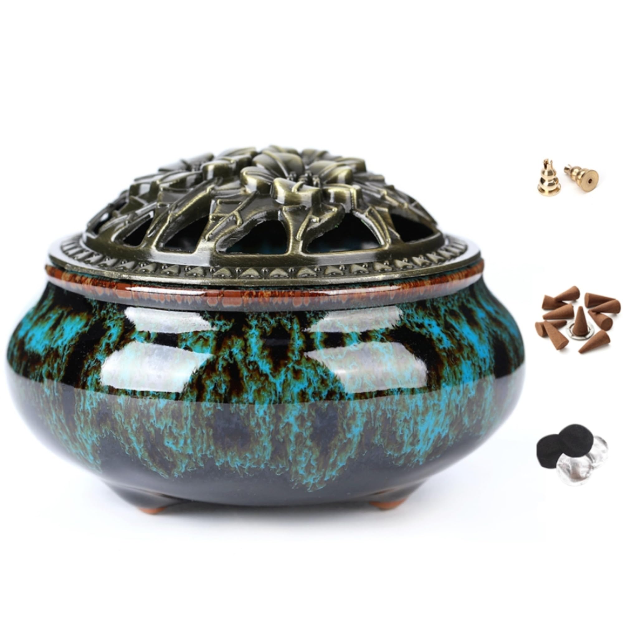 LAMDAWN Ceramic Incense Burner with Incense Stick Holder + Insulation use for Stick or Coil Incense, Sage Cones and Frankincense