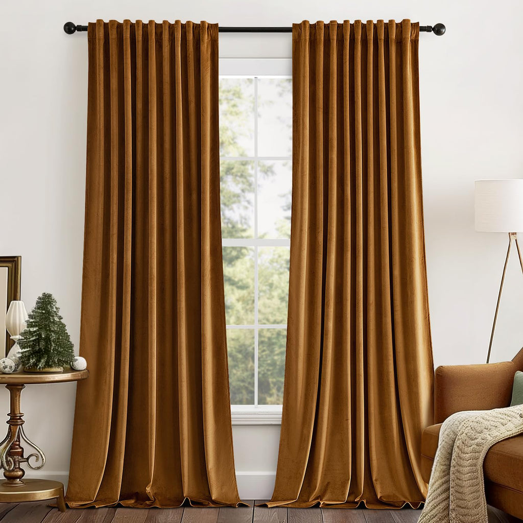 Miulee Gold Brown Velvet Curtains 96 Inches Long 2 Panels - Luxury Pinch Pleated Room Darkening Window Drapes For Bedroom Living