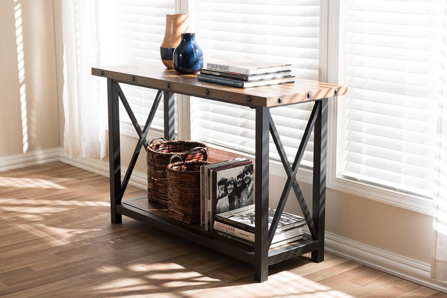 Baxton Studio Herzen Rustic Industrial Style Antique Black Textured Finished Metal Distressed Wood Occasional Console Table