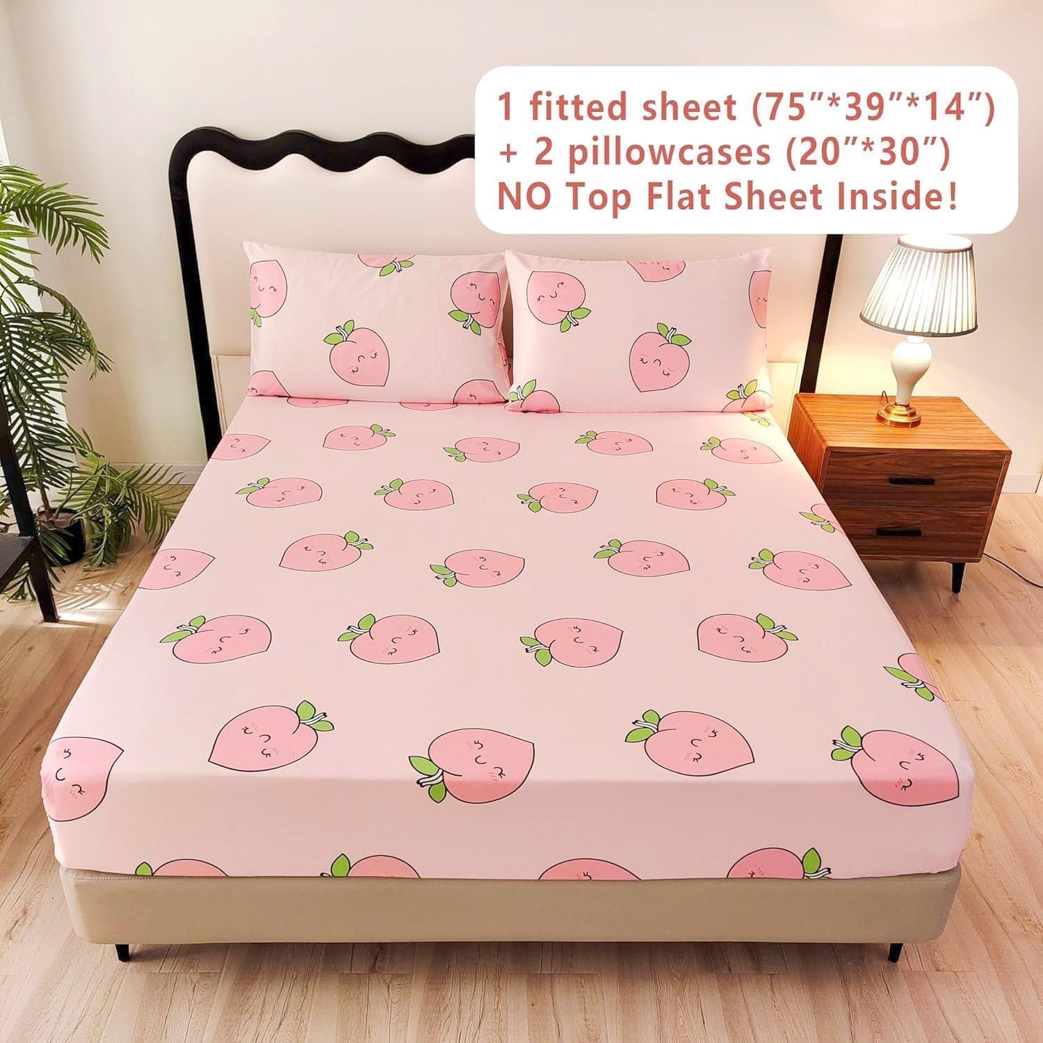 Sdy 3Pcs Pink Peach Print Pattern Sheet Set, Lovely Peach Fitted Sheet With Deep Pocket, Soft And Kawaii,Lightweight Cute Room Decor For Boys, Girls And Teens, Queen