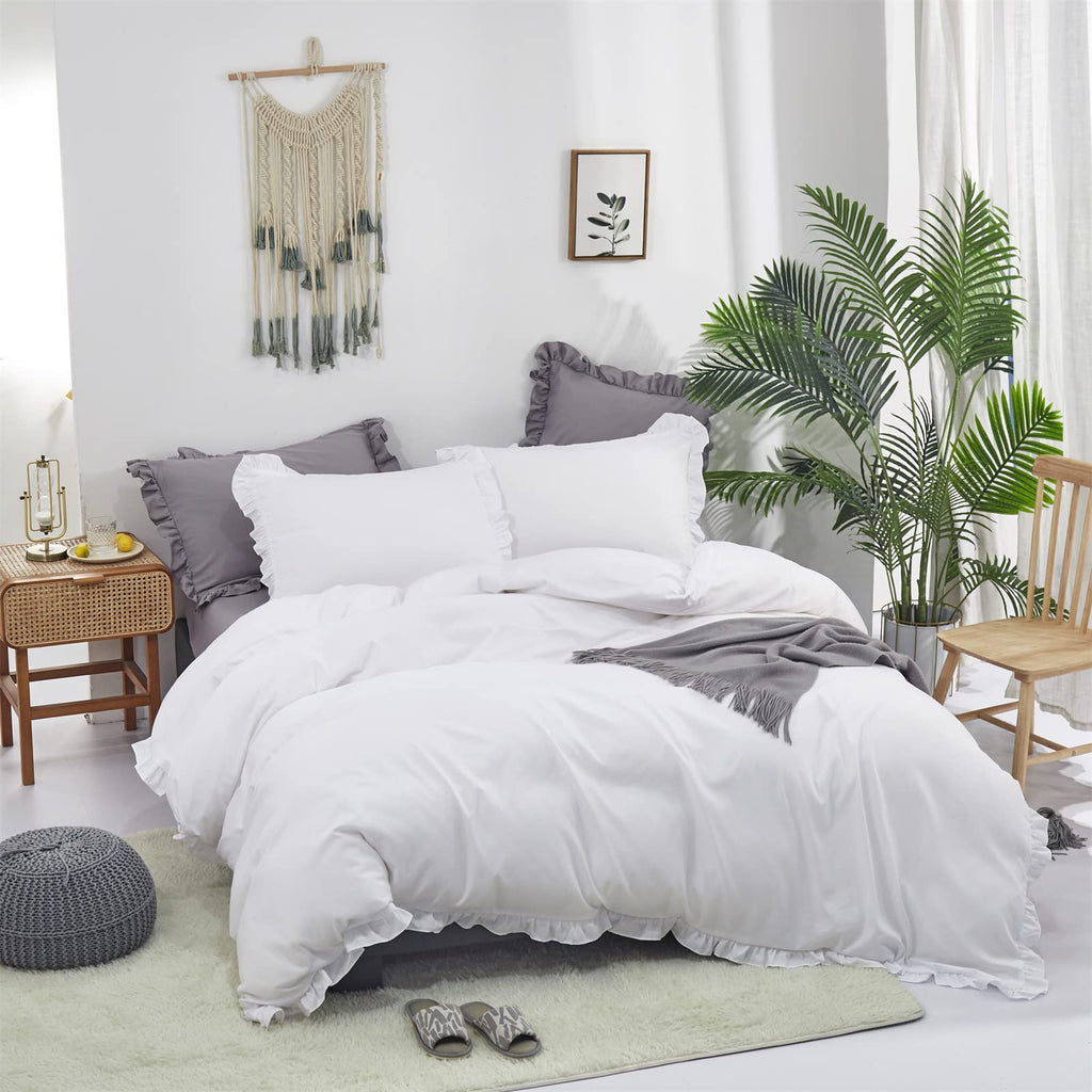 Luxlovery White Ruffle Comforter Set Twin Farmhouse Bedding Comforter Set Boho Shabby Chic Plain White Blanket Quilts Vintage Ru