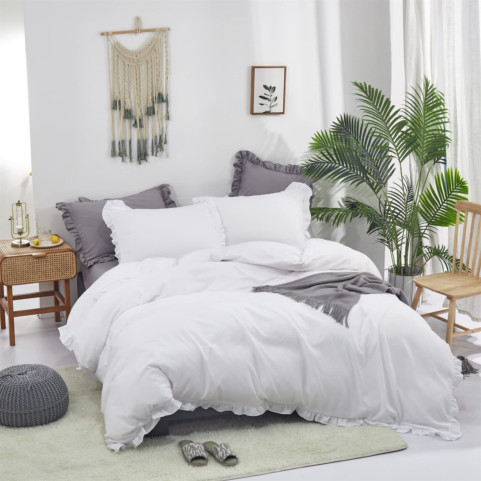 Luxlovery White Ruffle Comforter Set California King Farmhouse Boho Bedding Comforter Set Plain White Shabby Chic Solid Cotton B