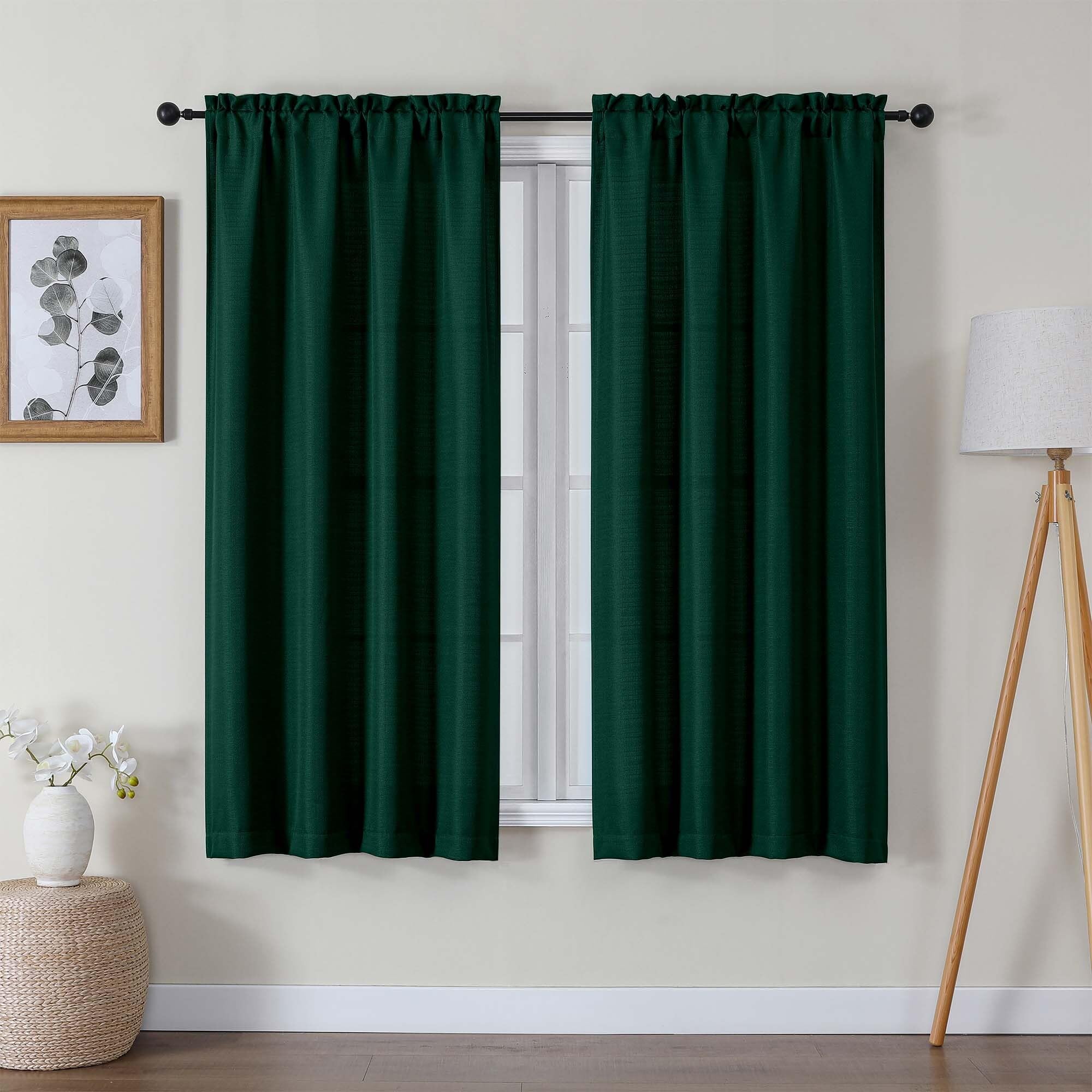 Lecloud Bessie Hunter Green Privacy Curtains 63 Inch Length 2 Pcs, Light Filteringn Airy Faux Linen Textured Curtain, Durable Ro