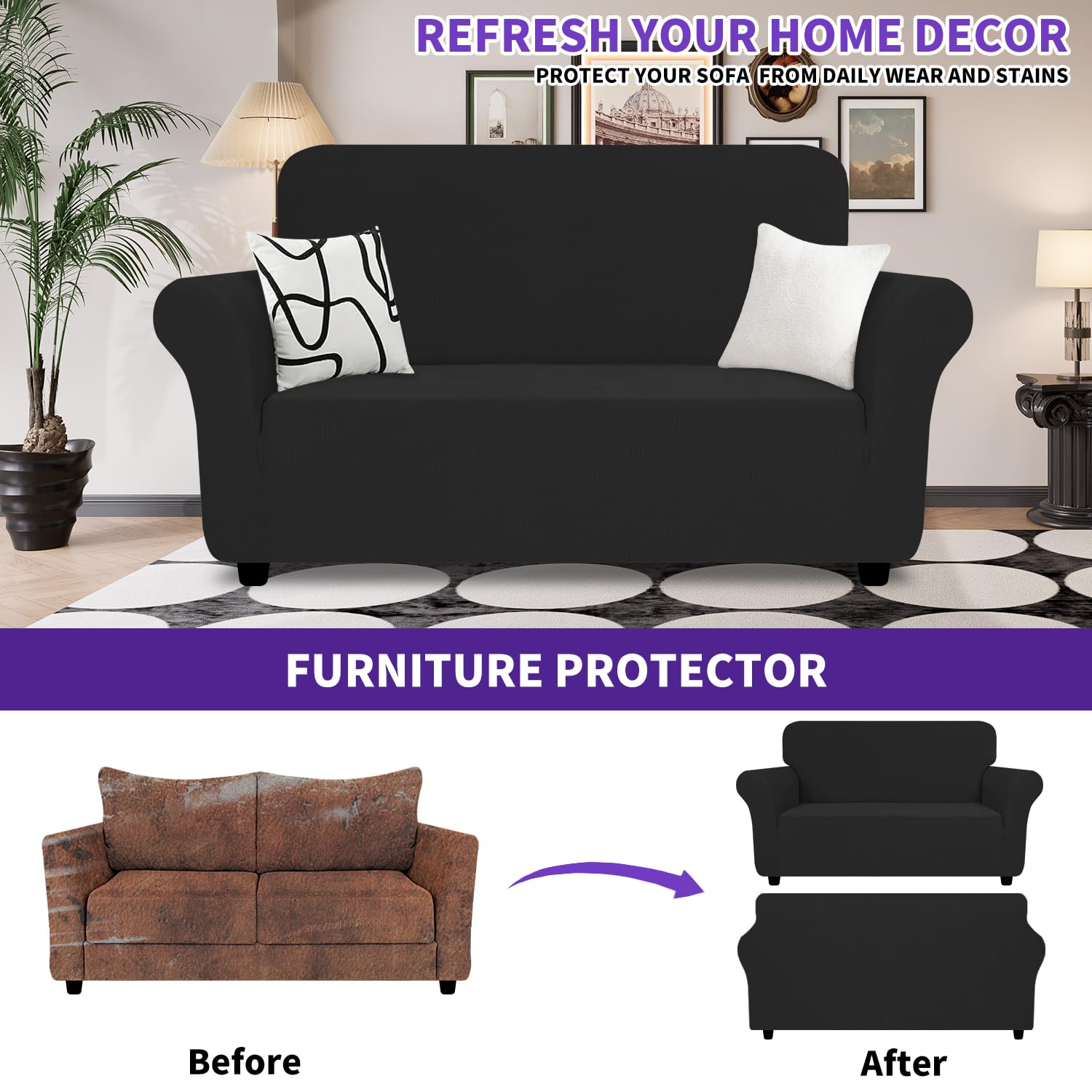 Znsayotx Super Stretch Loveseat Covers (55'-69'), New Striped Love Seat Slipcover, Dogs Pet Friendly Anti-Slip Couch Protector Spandex Durable 2 Seater Fabric Sofa Cover (Black, Loveseat)