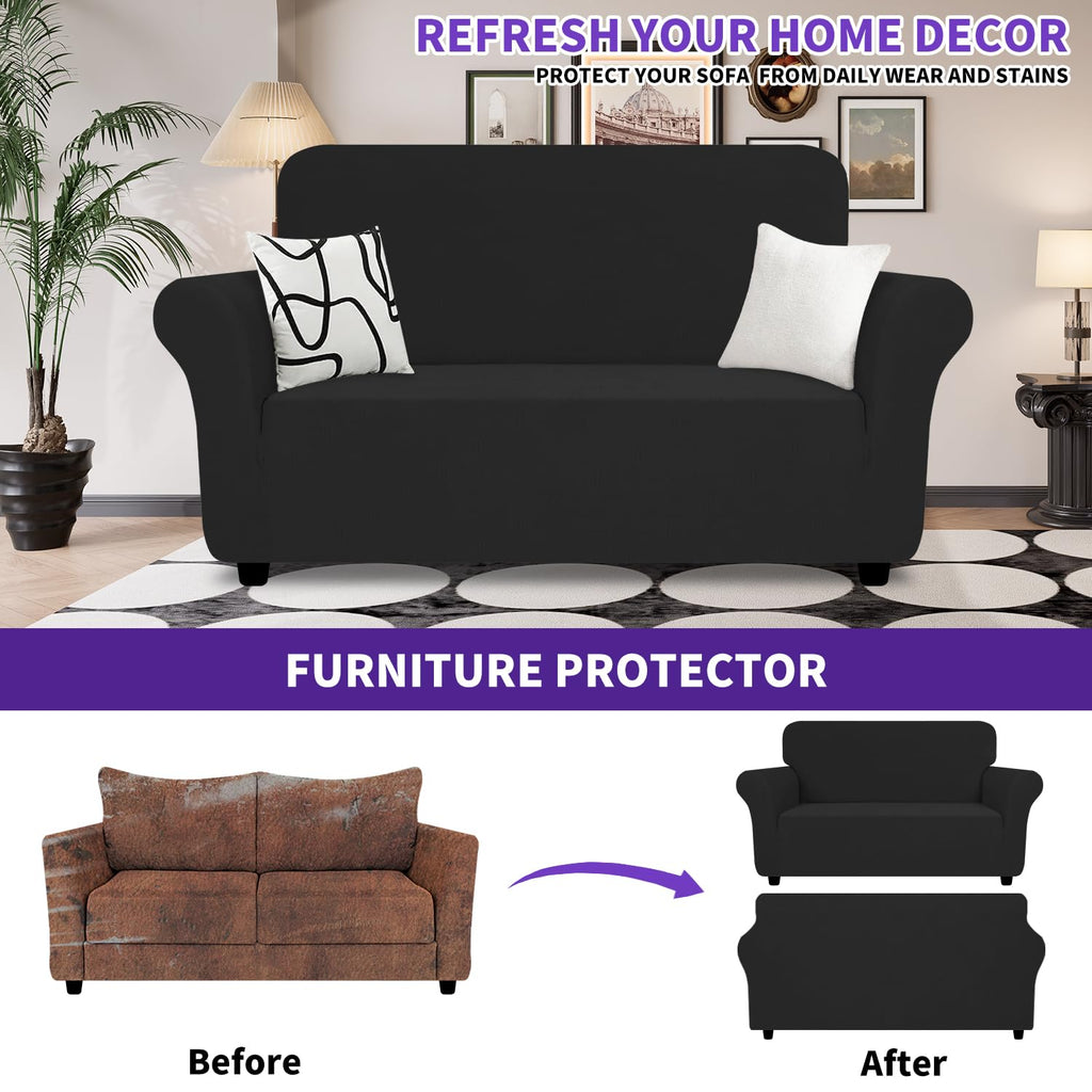 Znsayotx Super Stretch Loveseat Covers (55'-69'), New Striped Love Seat Slipcover, Dogs Pet Friendly Anti-Slip Couch Protector Spandex Durable 2 Seater Fabric Sofa Cover (Black, Loveseat)