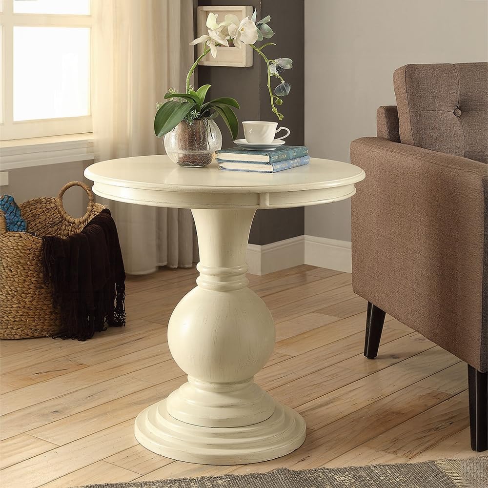 Acme Alyx Wooden Round Pedestal Table In Antique White