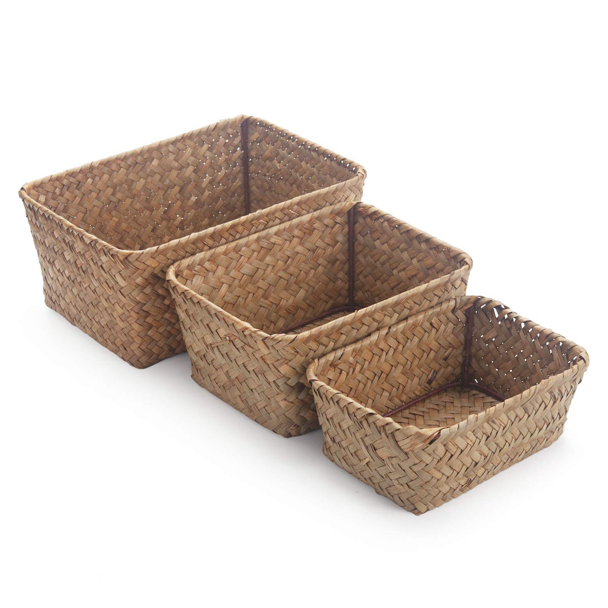 DOKOT Small Woven Wicker Open Storage, Rectangular Handmade Seagrass Baskets for Home, Bathroom Organization(Set of 3)