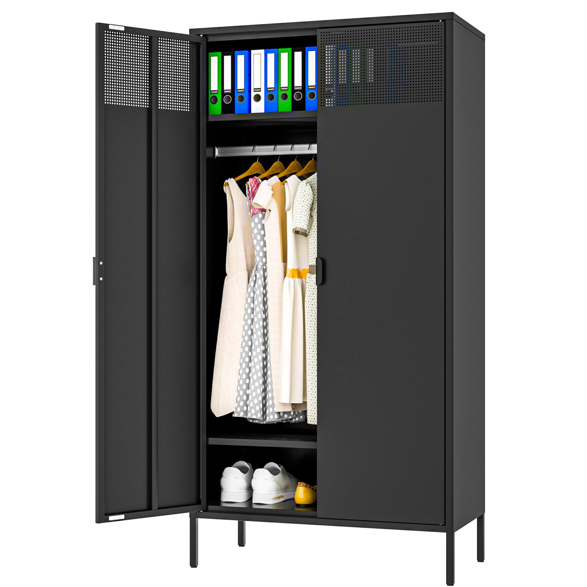 Ustamio 71 Inches Black Metal Wardrobe Cabinet With Hanging Rod, Metal Armoire Wardrobe Closet With Doors For Bedroom, Office, L