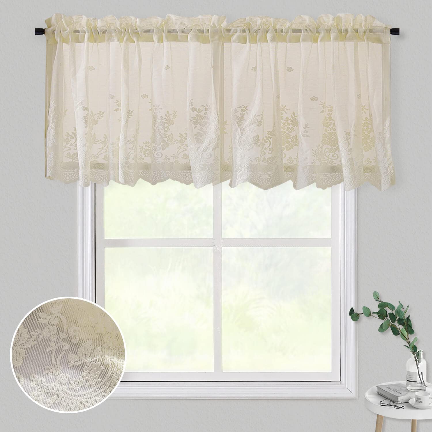 Wubodti Beige Sheer Kitchen Valances Curtains 2Pcs Vintage Lace Short Curtains 16 Inch Length, Cream Floral Embroidered Voile Ca
