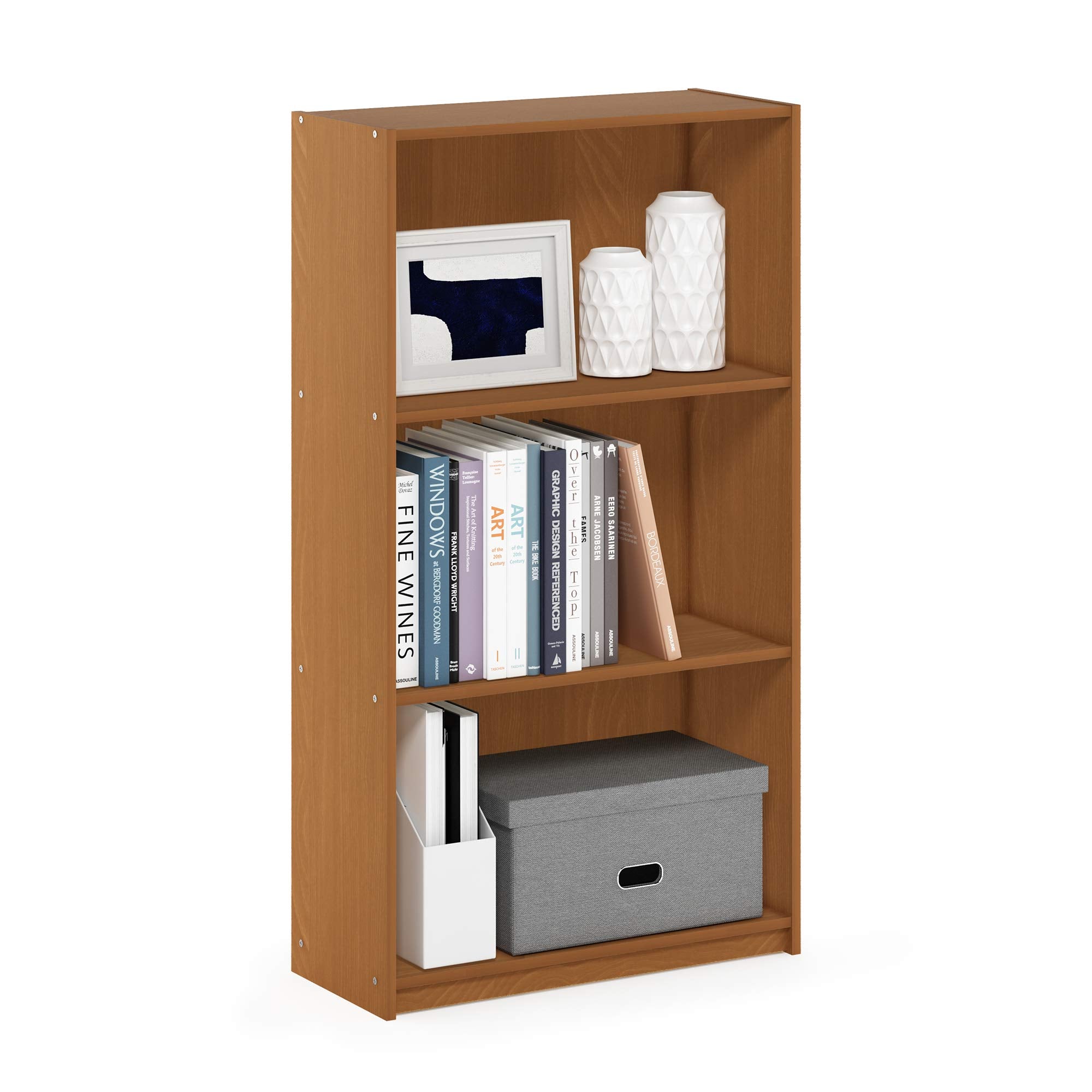 Furinno Basic 3-Tier Bookcase Storage Shelves, Light Cherry