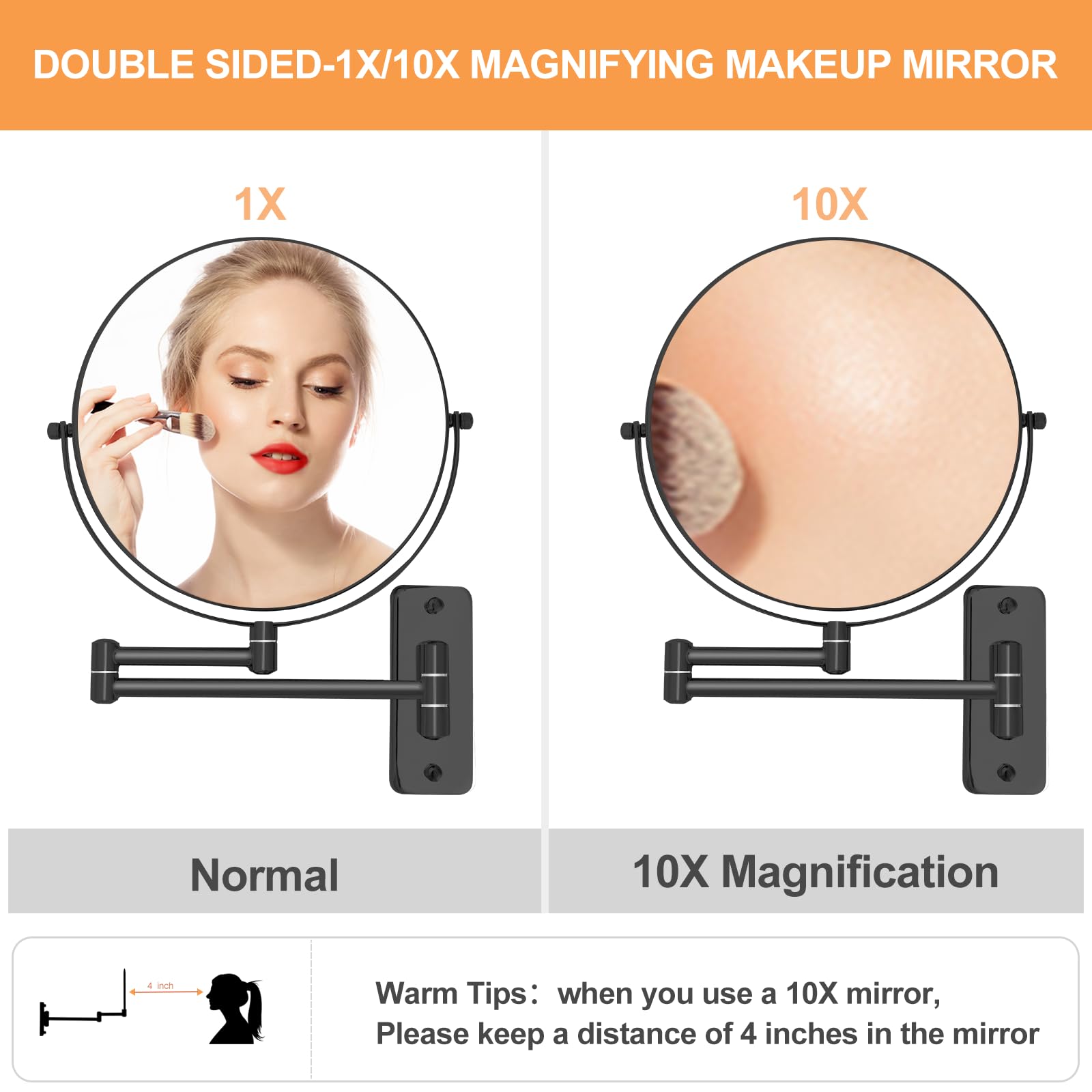 Ffowcye 8' Wall Mounted Magnifying Makeup Mirror, 1X/10X Double-Sided Shaving Mirror, 360 Swivel Mirror Wall Mount, Extendable
