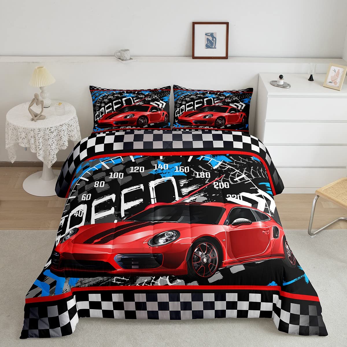 Feelyou Boys Race Car Bedding Set Cool Race Sports Car Set Comforter Set for Kids Boys Sports Theme Duvet Set Checkered Comforte