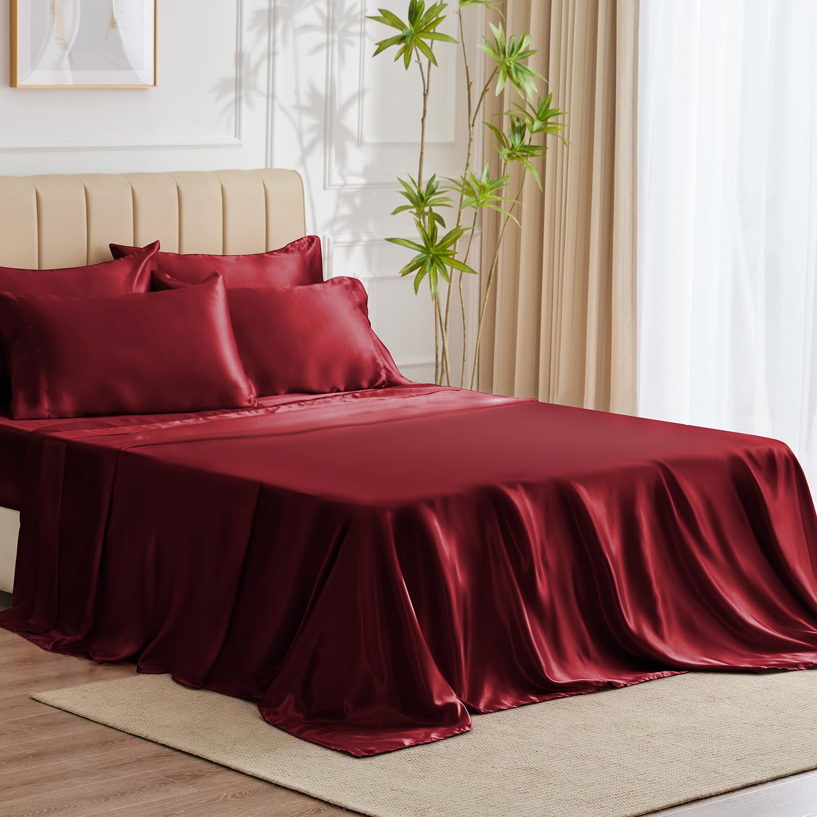 Cozylux Satin Sheets King Size - 6 Piece Burgundy Bed Sheet Set With Silky Microfiber, 1 Deep Pocket Fitted Sheet, 1 Flat Sheet,