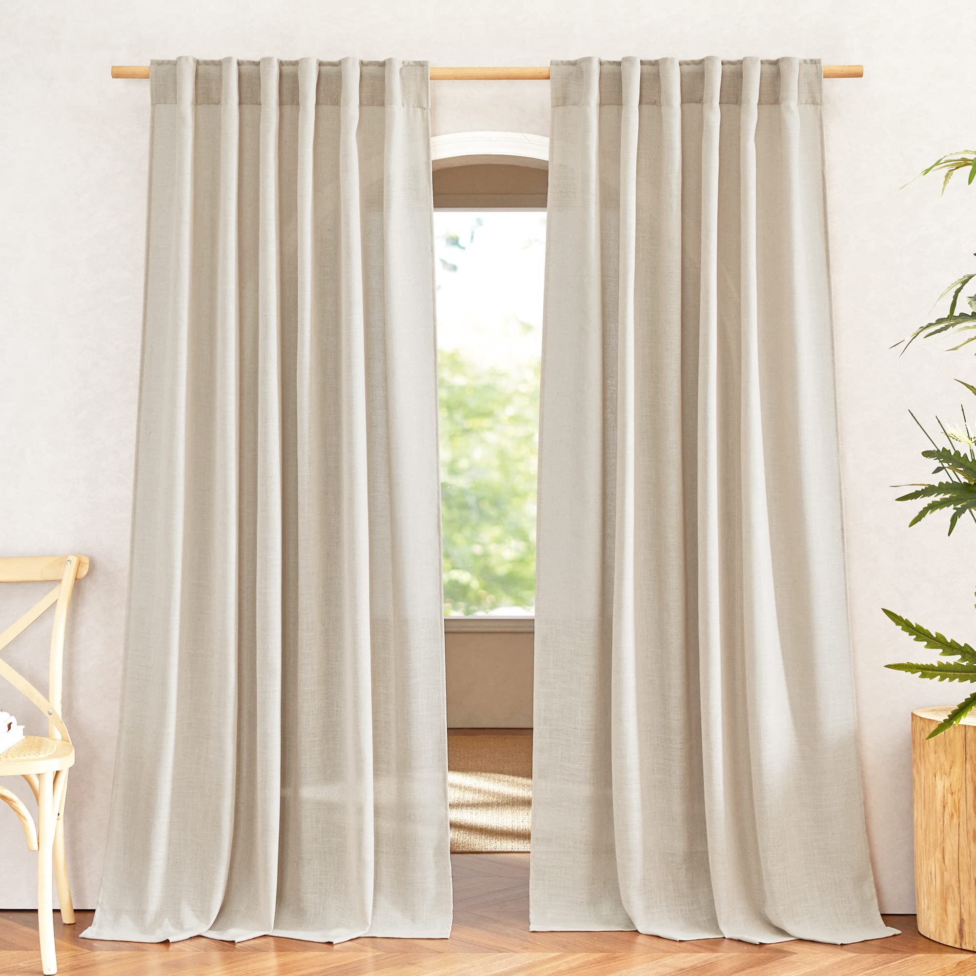 Nicetown Linen Cream Curtains 108 Inches Long, Rod Pocket & Back Tab Flax Linen Burlap Semi Sheer With Light Filtering Privacy W