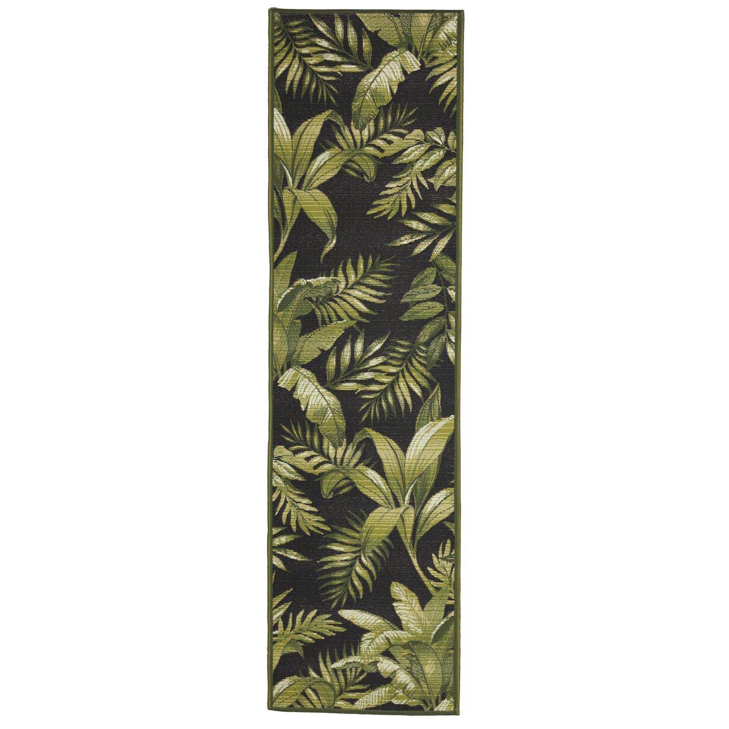 Liora Manne Marina Indoor/Outdoor Power Loomed Synthetic Blend Low Profile Area Rug - Transitional Graphic Botanical Beach Camping (Jungle Leaves Black) (1'11' X 7'6')