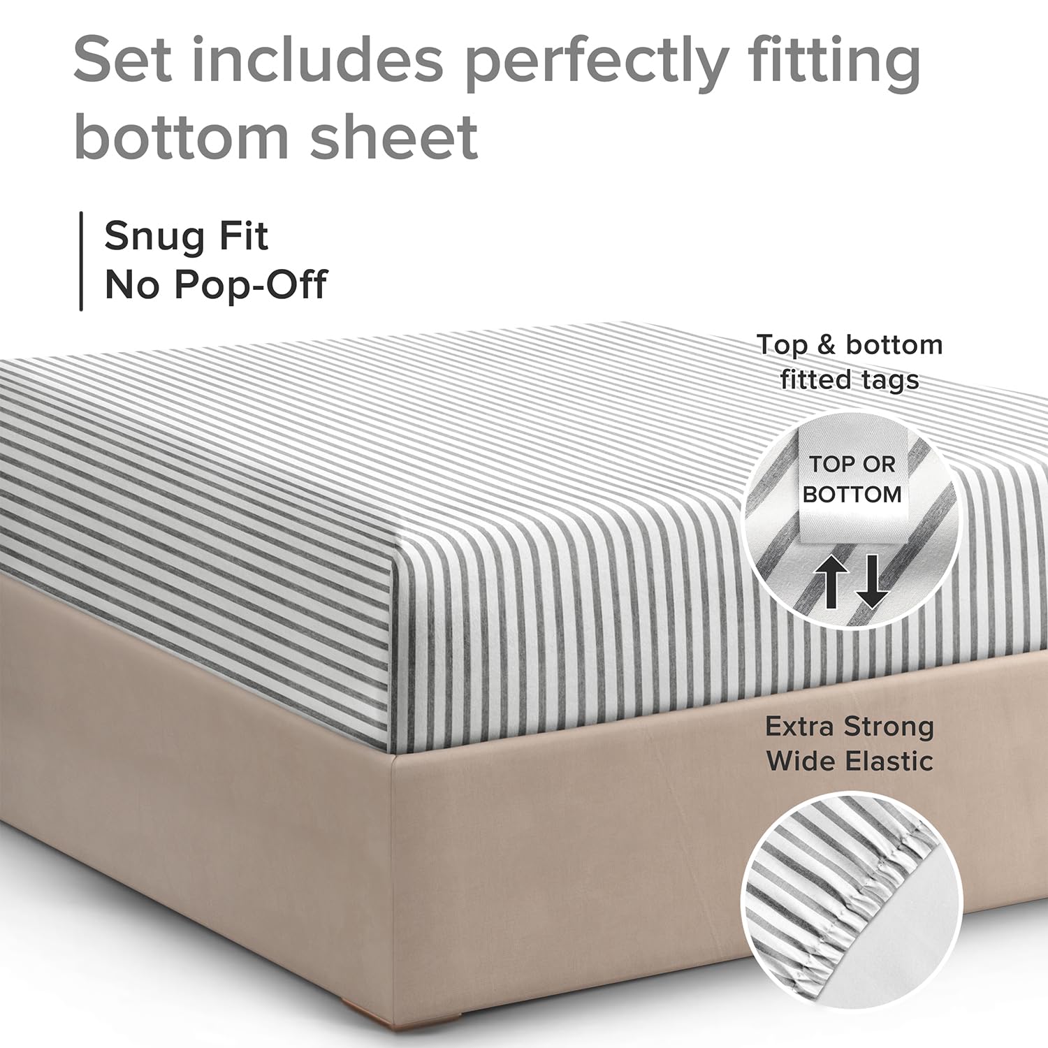 Split King Size Fitted Bed Sheet - Hotel Luxury Single Fitted Bottom Sheet Only - Fits Mattress Between 8 To 16 Inches - Deep Pockets, Extra Soft And Wrinkle Free - Breathable & Cooling - Grey Stripes
