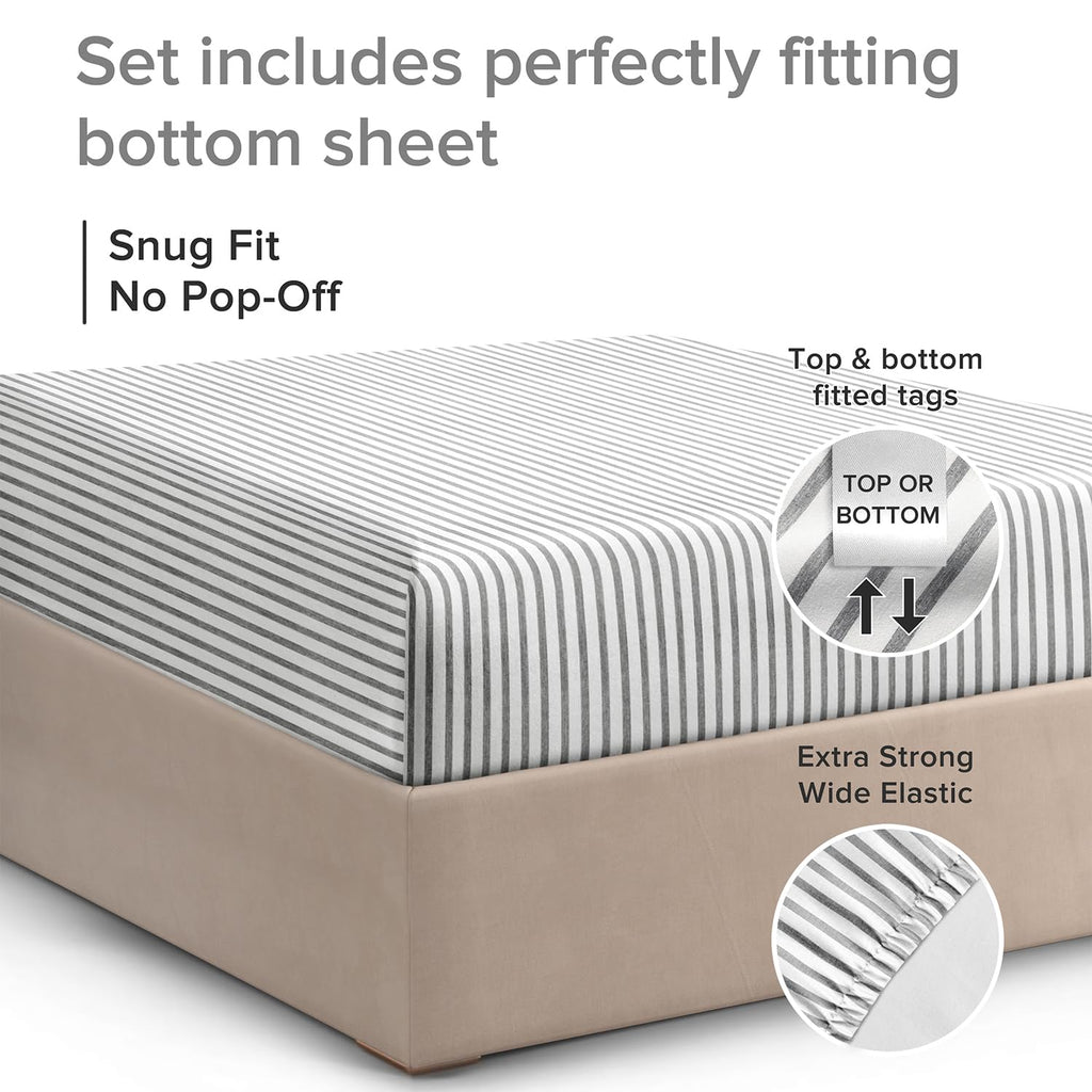 Full Size Fitted Bed Sheet - Hotel Luxury Single Fitted Bottom Sheet Only - Fits Mattress Between 8 To 16 Inches - Deep Pockets, Extra Soft And Wrinkle Free - Comfy Breathable & Cooling - Grey Stripes
