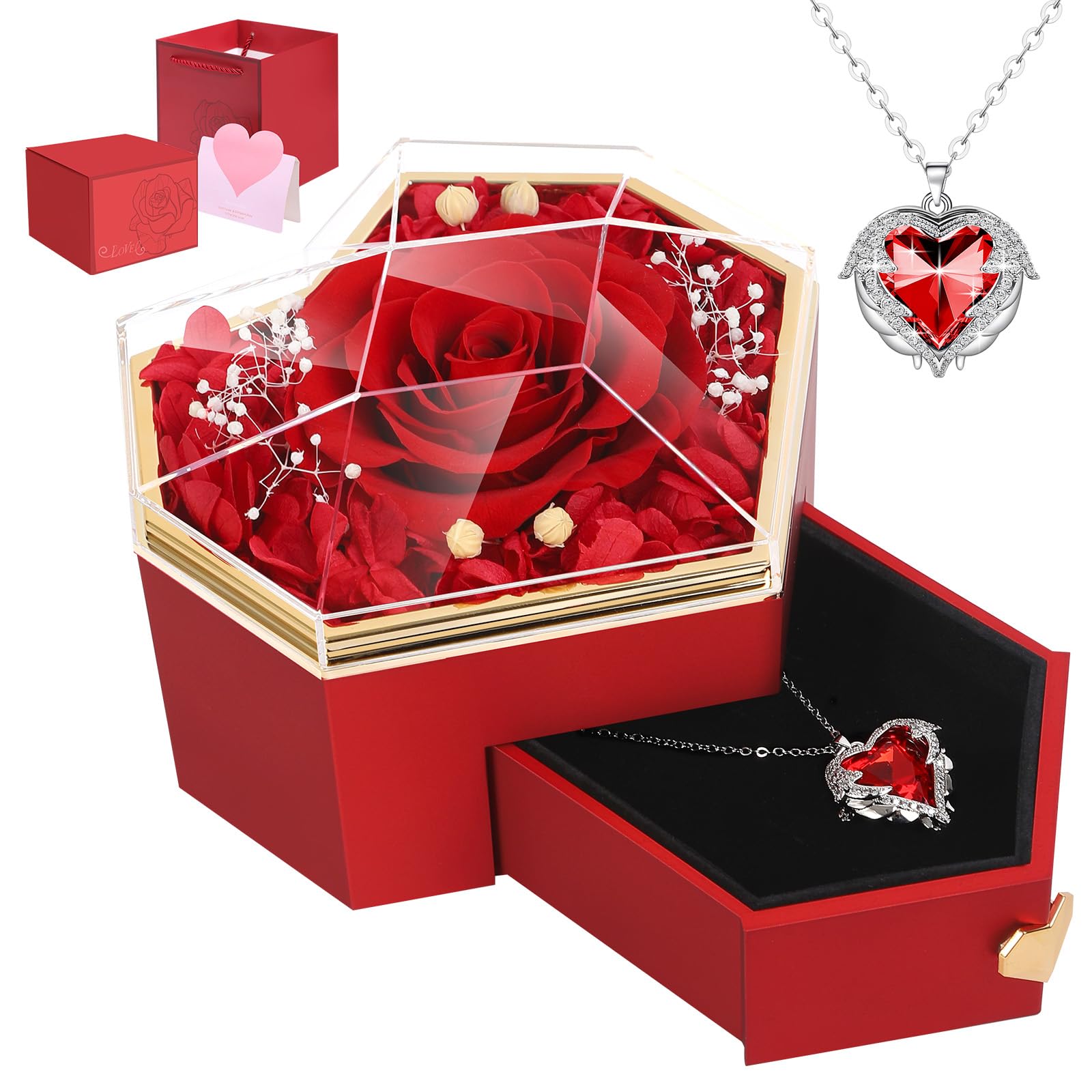 Preserved Red Real Rose With Necklace Forever Flowers Diamond Shaped Box For Mom Wife Girlfriend Grandma On Mothers Day Birthday