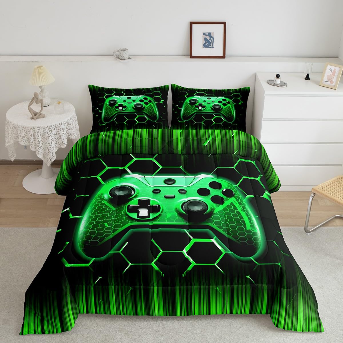 Manfei Modern Gamer Comforter Set Full Size, Green Honeycomb Gamepad Down Comforter With 2 Pillowcases, Vodeo Games Bedding Set