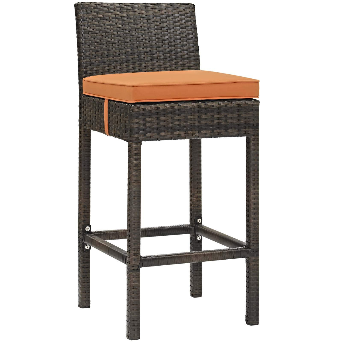 Modway Conduit Wicker Rattan Outdoor Patio Bar Stool With Cushion In Brown Orange