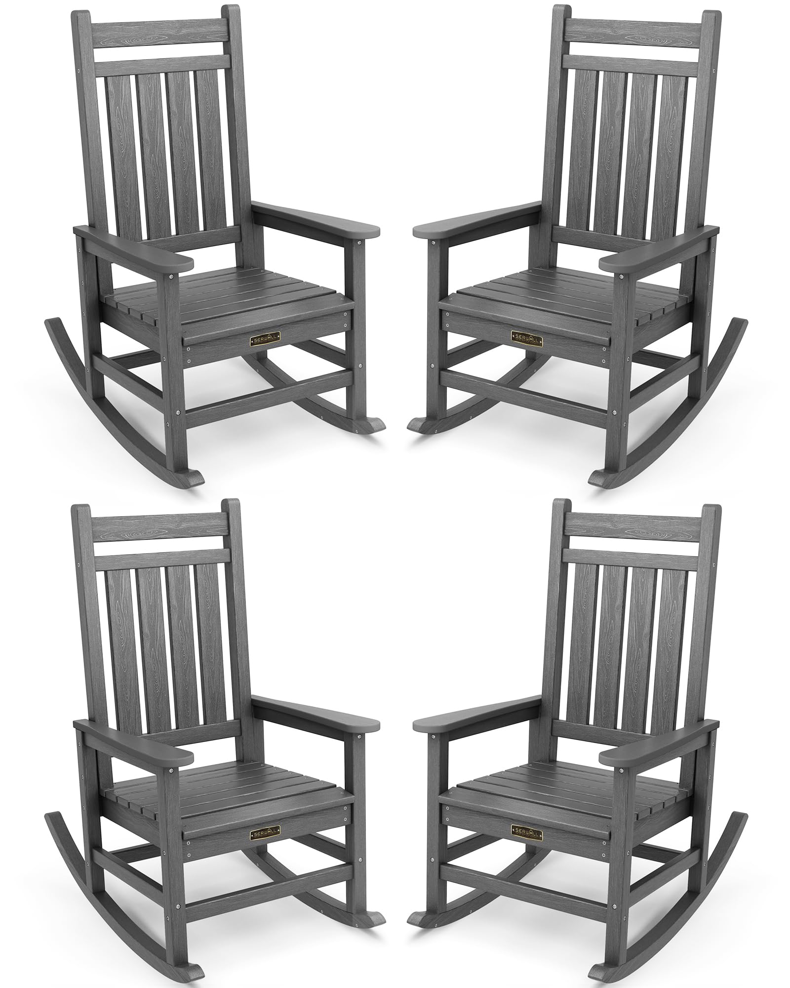 Serwall Outdoor Rocking Chair Set Of 4, Hdpe Rocking Chairs For Adult, All Weather Porch Rockers For Lawn Garden, Grey