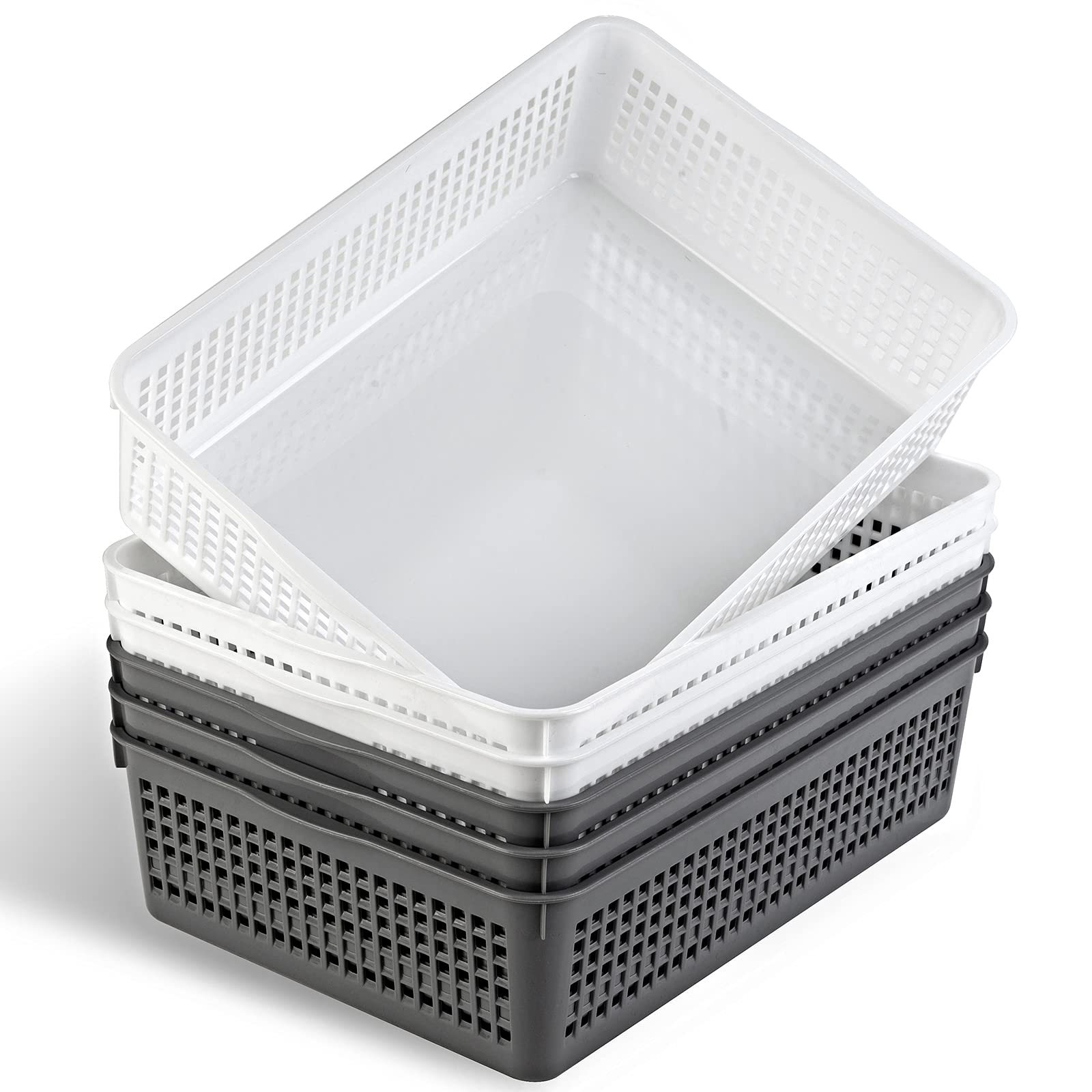 Eslite A4 Size Plastic Storage Basket,Desktop File Paper Letter Organizer Tray, 6-Packs (White+Grey)