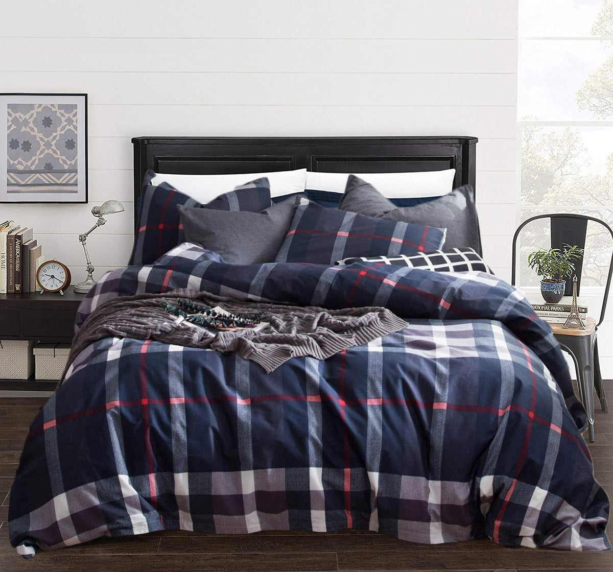 Clothknow Navy Blue Plaid Twin Comforter Set 3Pcs Tartan Bedding Comforter Sets Grid Comforter Twin Geometric Comforter Soft Buf