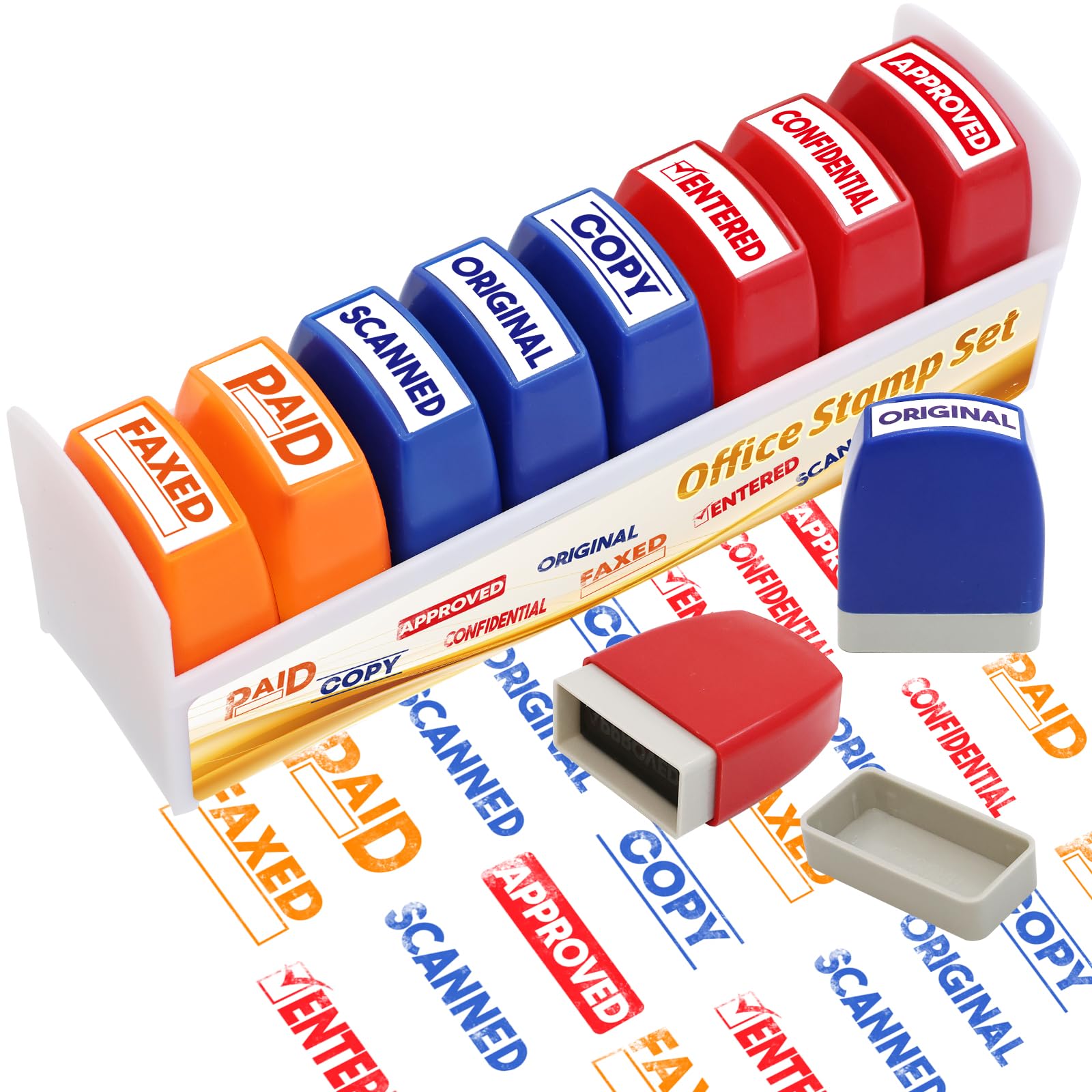 Office Stamp Set Scanned Approved Paid Completed Stamps Self Inking Business Message With Storage Tray For Coworkers Colleague W