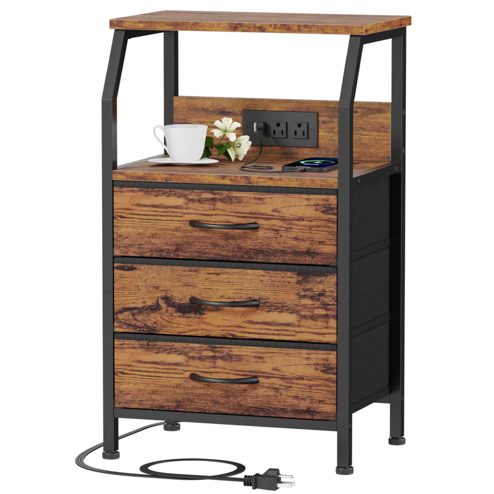 Furnulem Night Stand With Charging Station, Usb Ports And Outlets, 28.3 Inch Tall Bedside Table With Wood Shelf, 3 Fabric Drawers Side Table For Bedroom, 3 Ways To Use, Rustic Brown