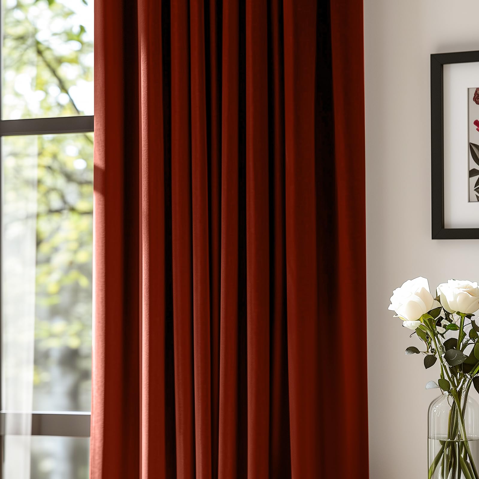 Lazzzy Orange Velvet Curtains Room Darkening Thermal Insulated Curtains 84 Inch Long Window Drapes For Bedroom Living Room Super Soft Luxury Grommet Window Treatment 2 Panels, Rust Red