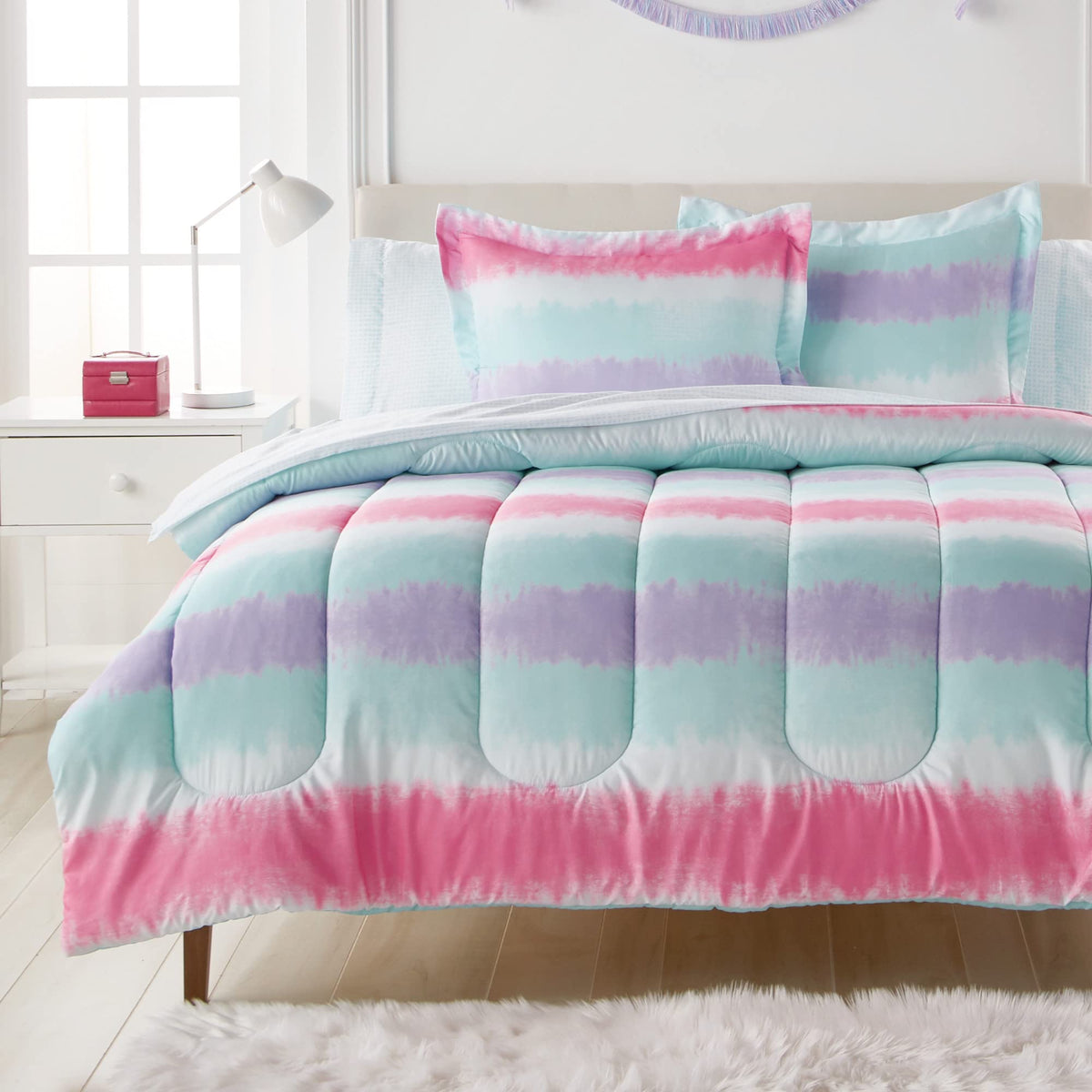Dream Factory Kids 7-Piece Complete Set Easy-Wash Super Soft Microfiber Comforter Bedding, Full, Purple Multi Tie Dye Stripe