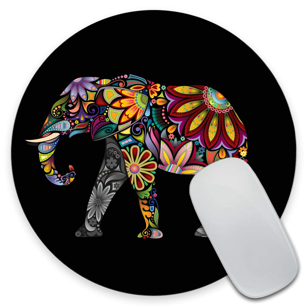 Amcove Office Desk Accessories, Colorful Elephant Mousepad, Mandala Floral Elephant Round Mouse Pad, Office Decor For Men Women,