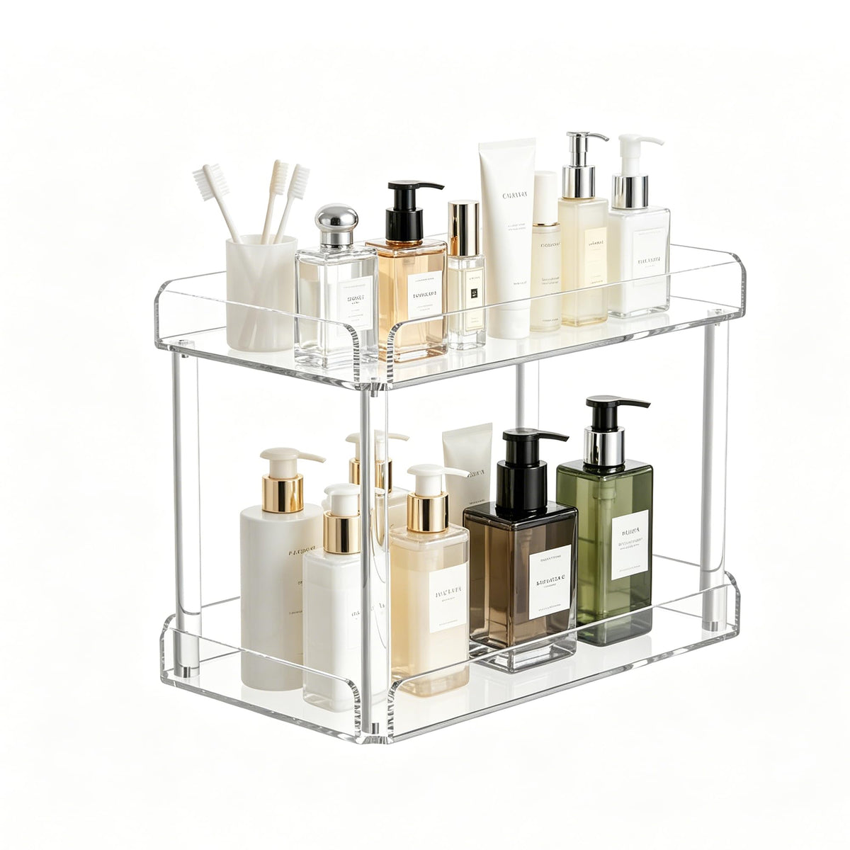 Hexsonhoma Acrylic Tray Shelf  2 Tier Clear Bathroom Countertop Organizer, MoistureResistant Vanity Storage Rack for Makeup, P