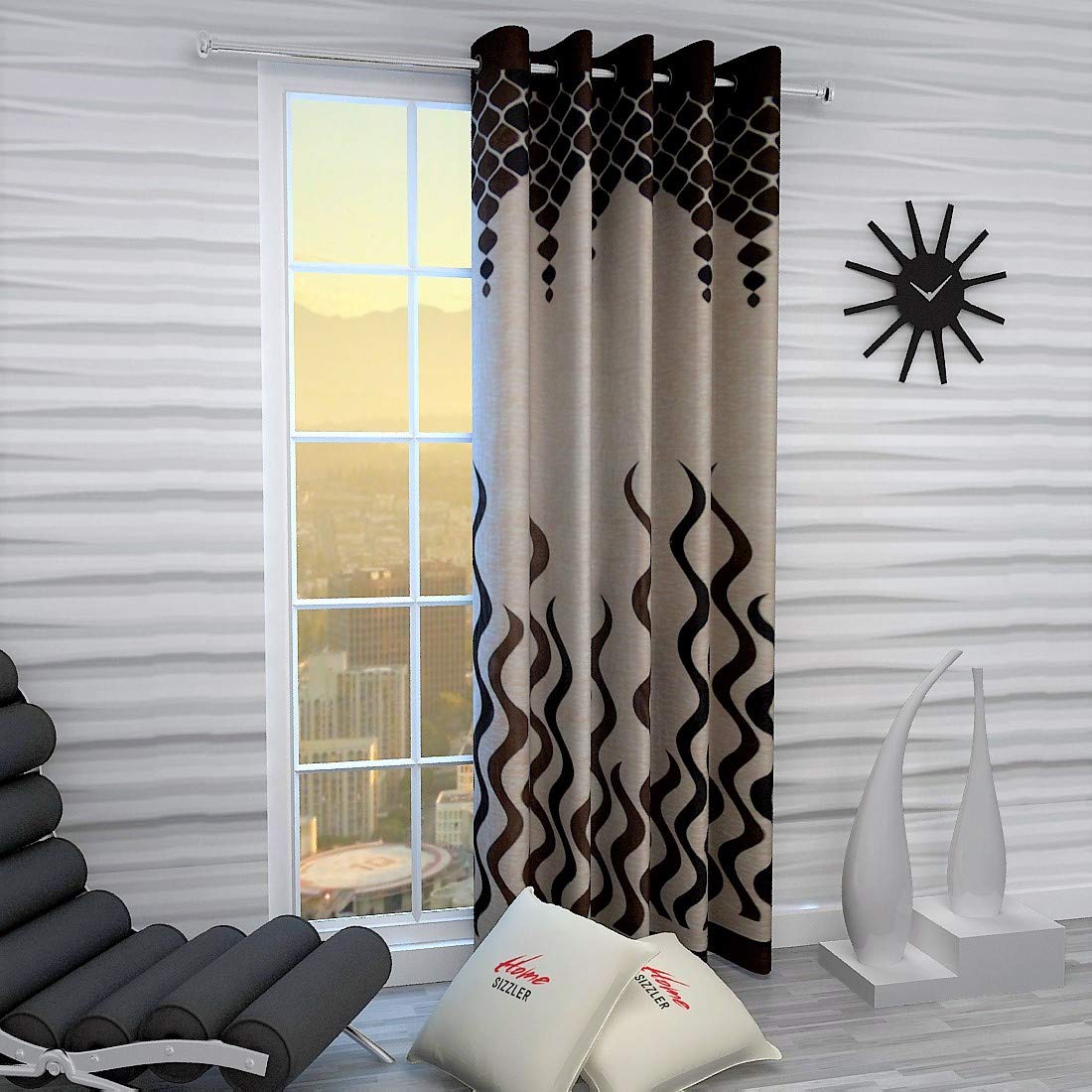 Home Sizzler Abstract Opaque 1 Piece Wave Panel Eyelet Polyester Window Curtains  5 Feet, Brown